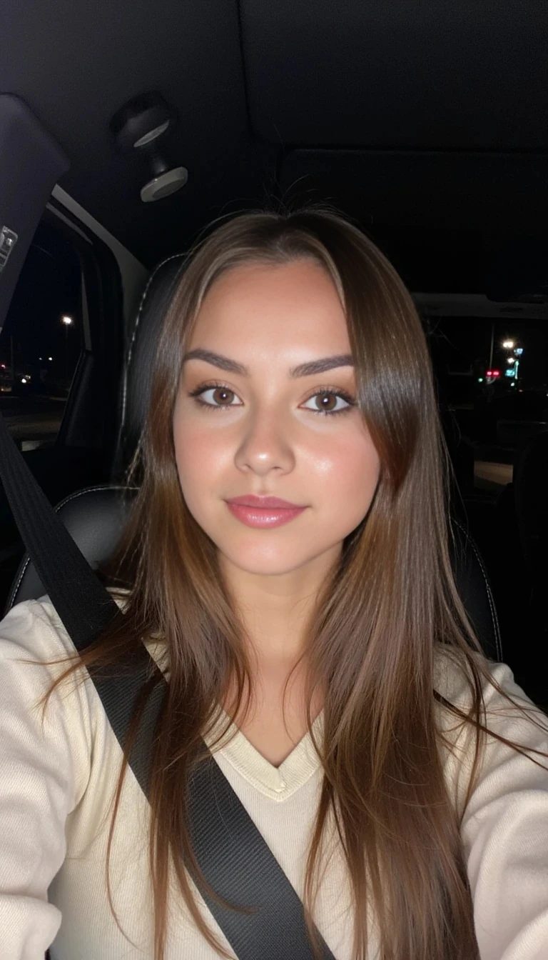 CSTMDL, realistic car selfie at night, 1girl, solo, long straight brown hair, brown eyes, soft makeup, glossy lips, relaxed expression, wearing a beige or white top, soft lighting from city lights through the window, modern vibe, driving at night ambiance, minimal accessories, TikTok selfie style