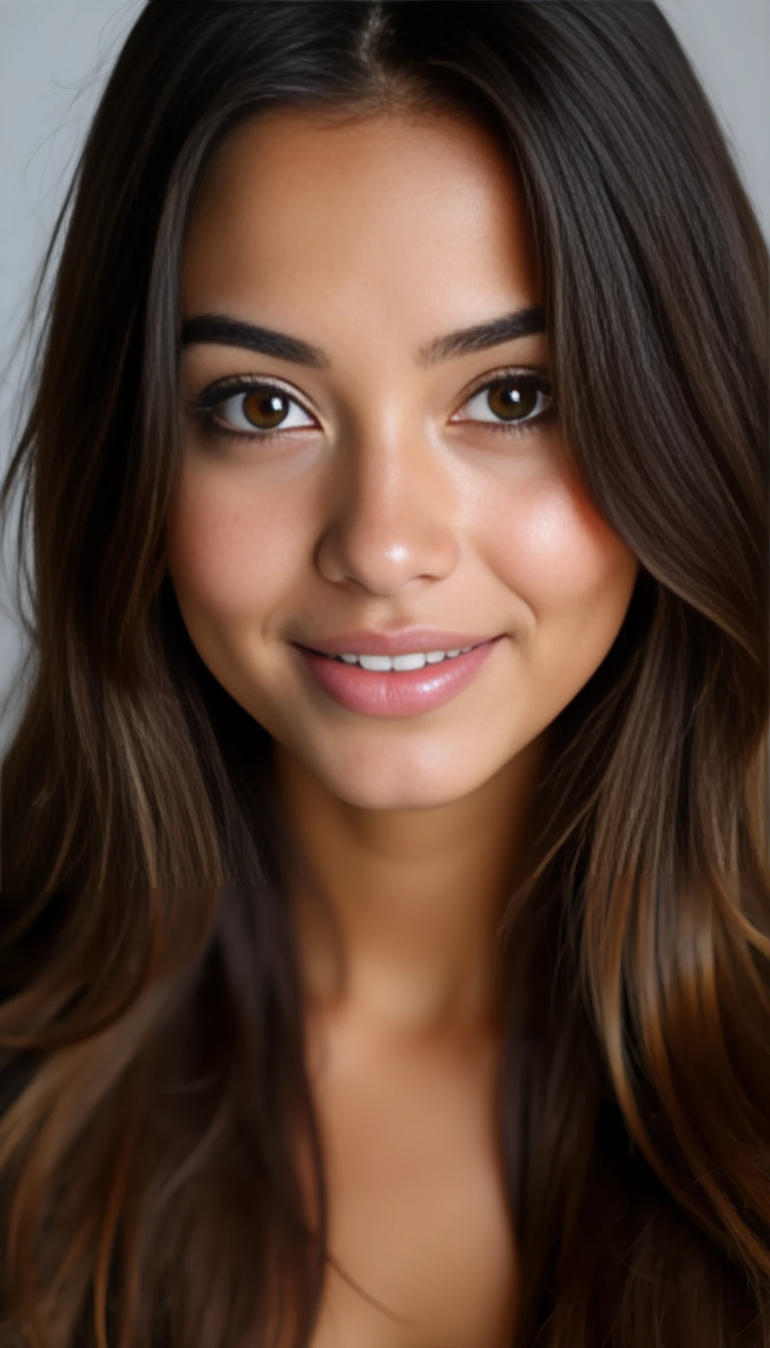 A portrait photo of a beautiful 20 years old model, mixed ethnicity of half white American half Brazilian, with silky brunette hair, amber brown eyes, ultra detailed eyes with sharp iris reflections, slight smile, studio-quality, extremely realistic HD