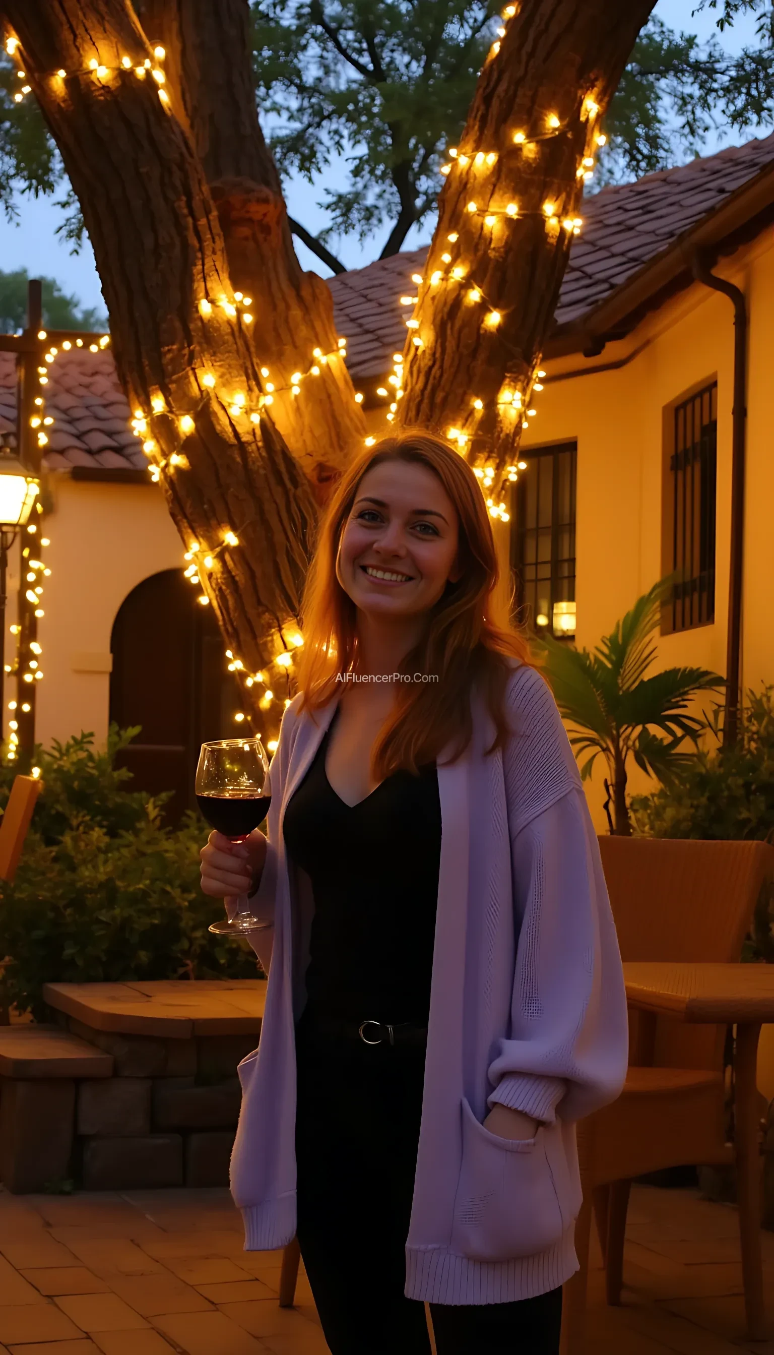 A full body shot photo of a woman standing outdoors at a cozy, warmly lit patio in the evening, with soft, glowing lights wrapped around a tree behind them creating a charming atmosphere. The image is rich in detail, with warm tones and clear textures throughout. The woman has fair skin, a slim build, and long reddish-blonde hair, also worn loose. She is smiling warmly at the camera, holding a glass of red wine in her right hand, and wears a soft-textured lavender cardigan over a black top. The background features a large tree with sparkling string lights wrapped around its trunk and branches, adding a magical touch to the scene. The setting suggests a private outdoor seating area, with elements like terracotta-tiled roofing, greenery, and rattan chairs contributing to a serene, inviting vibe. The overall composition is balanced, with the woman framed against the softly glowing tree, and the lighting enhances the warm, intimate feel of a quiet evening shared among friends. The details are vivid, with textures of clothing, skin, and background elements clear