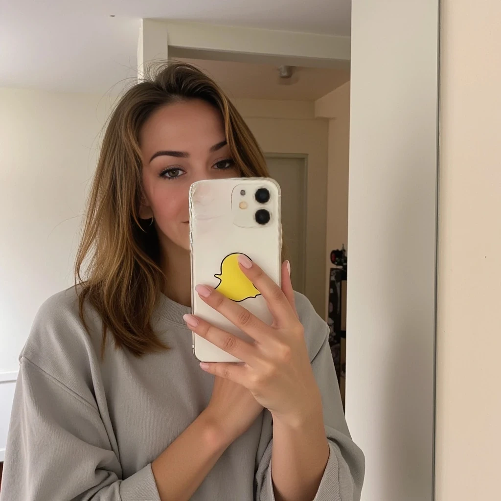   snapchat photo in mirror, white iPhone pro, fit body, cute woman, soft light brown hair, comfortable clothes. 