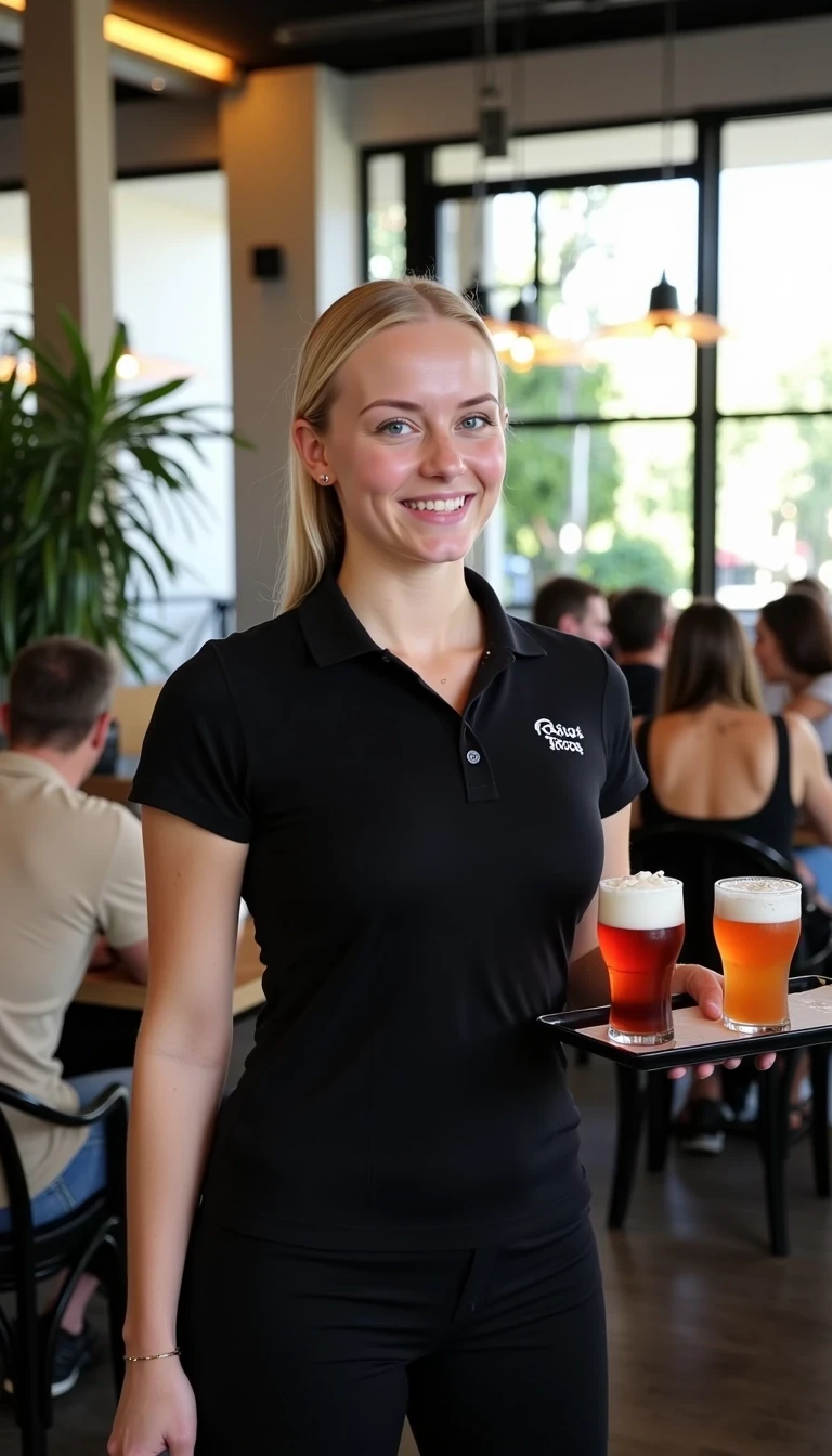 CSTMDL, Hailey, photorealistic portrait of a young woman in her early 20s with fair porcelain skin, smooth complexion, subtle natural makeup with soft pink lips and light eyeliner, straight blonde hair tied back in a neat ponytail, bright blue eyes sparkling with warmth, friendly genuine smile revealing straight white teeth, confident and approachable demeanor, gazing directly at the viewer with engaging eye contact; she is wearing a fitted black short-sleeved polo shirt with a small embroidered logo on the chest reading "Rocco's Tacos" in white lettering, tucked into slim black pants, no visible accessories; she is holding a black tray balanced on her right hand, the tray featuring a 3 different drinks in glasses; set in a modern upscale cafe interior with high ceilings, large floor-to-ceiling windows allowing soft diffused natural daylight to flood in from the right side, creating gentle highlights and soft shadows on her face and clothing, warm ambient hanging pendant lights with golden glow in the background; background details include a tall green potted plant with broad leaves to the left, patrons seated at wooden tables including a man in a beige shirt facing away, another in gray chatting, and a woman in a black tank top with long brown hair; dominant colors are neutral blacks and grays with pops of green foliage, warm wood tones, and red accents from the food; overall welcoming and lively casual dining atmosphere, evoking freshness and hospitality; composition is a medium close-up shot from a slight low angle to emphasize approachability, framed centrally with balanced symmetry, captured with a Canon EOS 5D Mark IV camera using a 50mm prime lens at f/2.8 aperture for shallow depth of field, ISO 100 for crisp details, natural window lighting supplemented by soft indoor LEDs at 4000K color temperature, hyper-realistic textures like the soft cotton weave of the polo shirt, and smooth skin pores; ultra-detailed, hyperrealism, photorealistic rendering indistinguishable from a high-resolution photograph, 8k resolution, sharp focus on the woman and plate with bokeh background.
