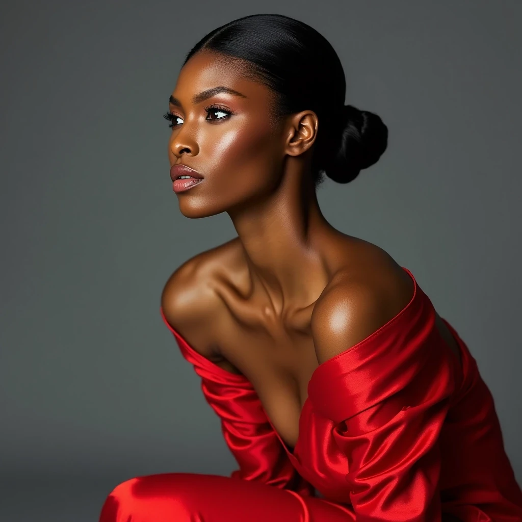 Vogue Cover
Shot on Hasselblad H6D-100c, 80mm f/2.8, ISO 50, 1/125 sec. Medium shot of statuesque supermodel with light olive brown skin, 5'11" height, sculpted cheekbones, and almond-shaped eyes. Wearing Valentino haute couture gown in scarlet silk. Skin texture shows microscopic detail: refined pores, slight golden undertone, ethereal glass-like finish from expert skin prep. Key light: 72-inch Broncolor Para with silk diffusion at f/16, creating luminous wrap-around light that accentuates bone structure. Background: seamless grey at f/22, gradient lighting. Model poses with signature elongated neck, slight profile, channeling Iman's classic stance. CSTMDL