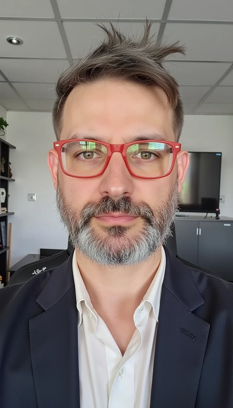 The face are not similar to the model i train... make him more realistic and similar. Businessman, He is wearing a suit and modern red Ray-Ban reading glasses. Slim but muscular build. He is facing the camera directly, as if posing for a LinkedIn profile picture. He looks like a CEO of a huge corporation with tshirt open. His smiling