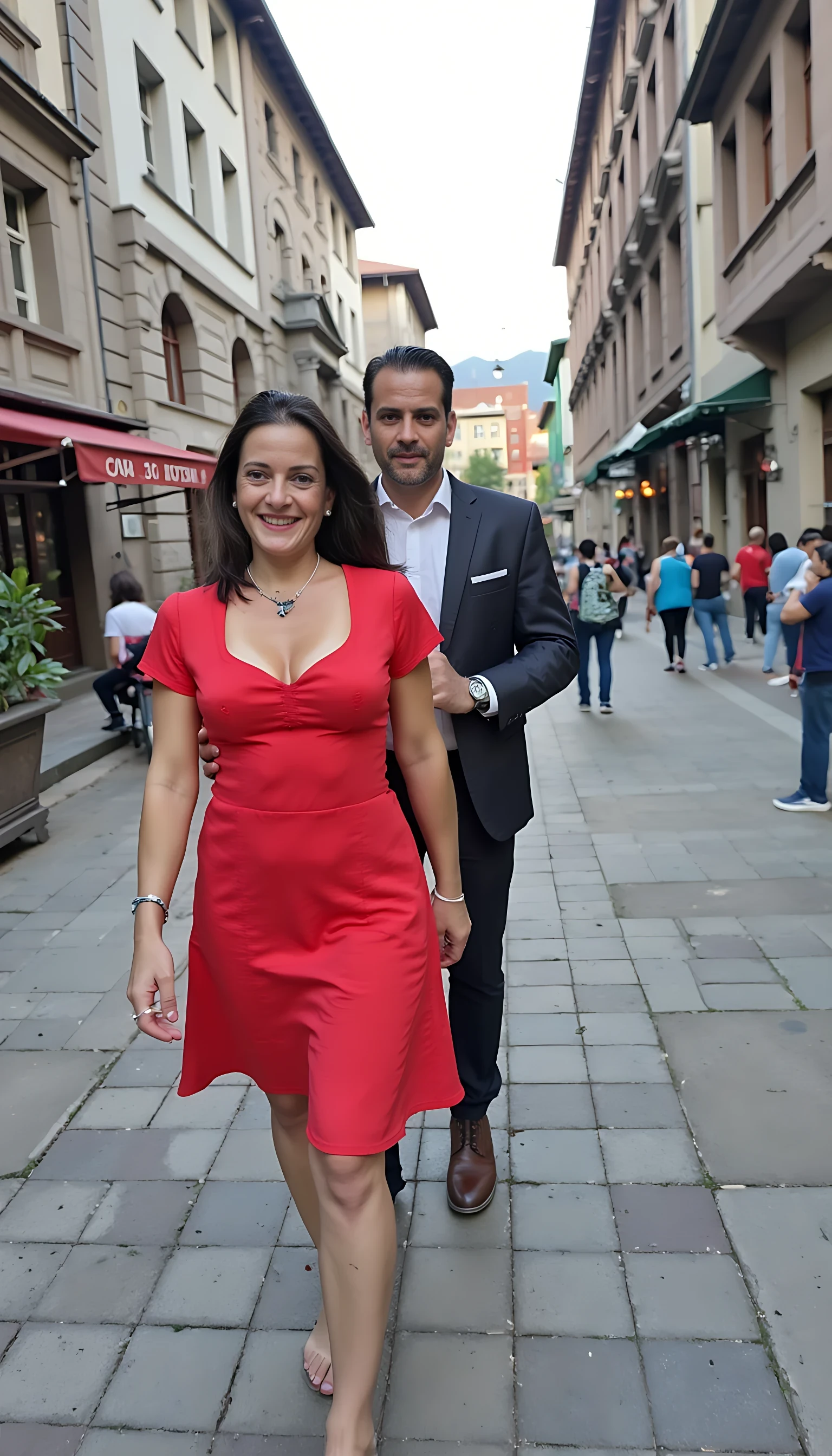 photo of brunette woman CSTMDL, boring low quality photo circa 1960, red short dress, walking on street of istambul with handsome fat husband, happy face