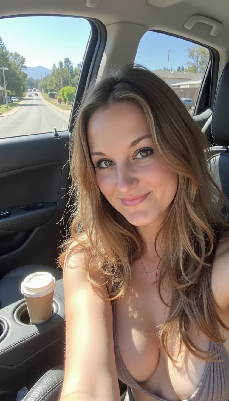 CSTMDL,  boring low quality snapchat photo circa 2015, A young woman wearing a bikini top, with a warm smile, sitting in the driver's seat of a cozy car. She has soft, wavy brown hair cascading past her shoulders. The sunlight streams through the window, casting a gentle glow on her face. The interior of the car is neat and comfortable, with a coffee cup in the cup holder and a small plant on the dashboard. The background outside the window shows a scenic road lined with trees and blue skies