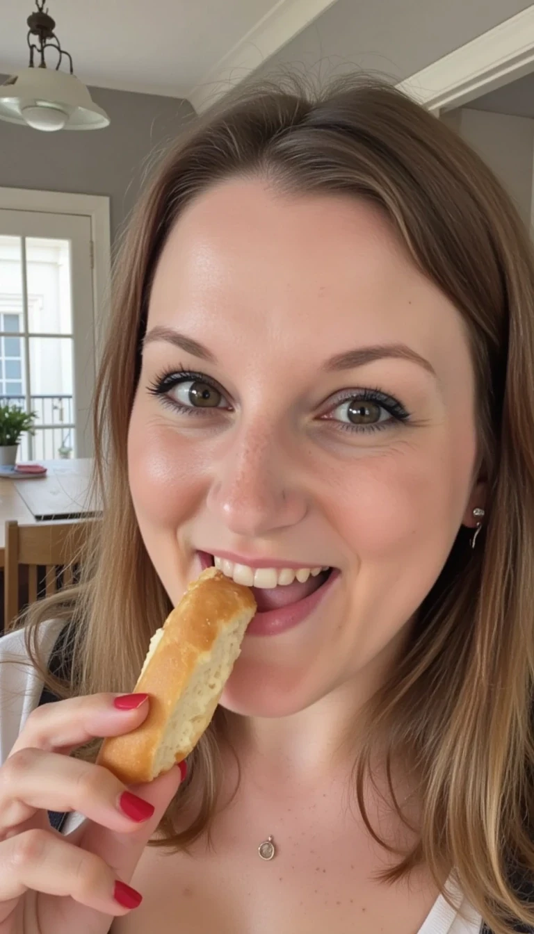 Photo of woman CSTMDL eating a hotdog