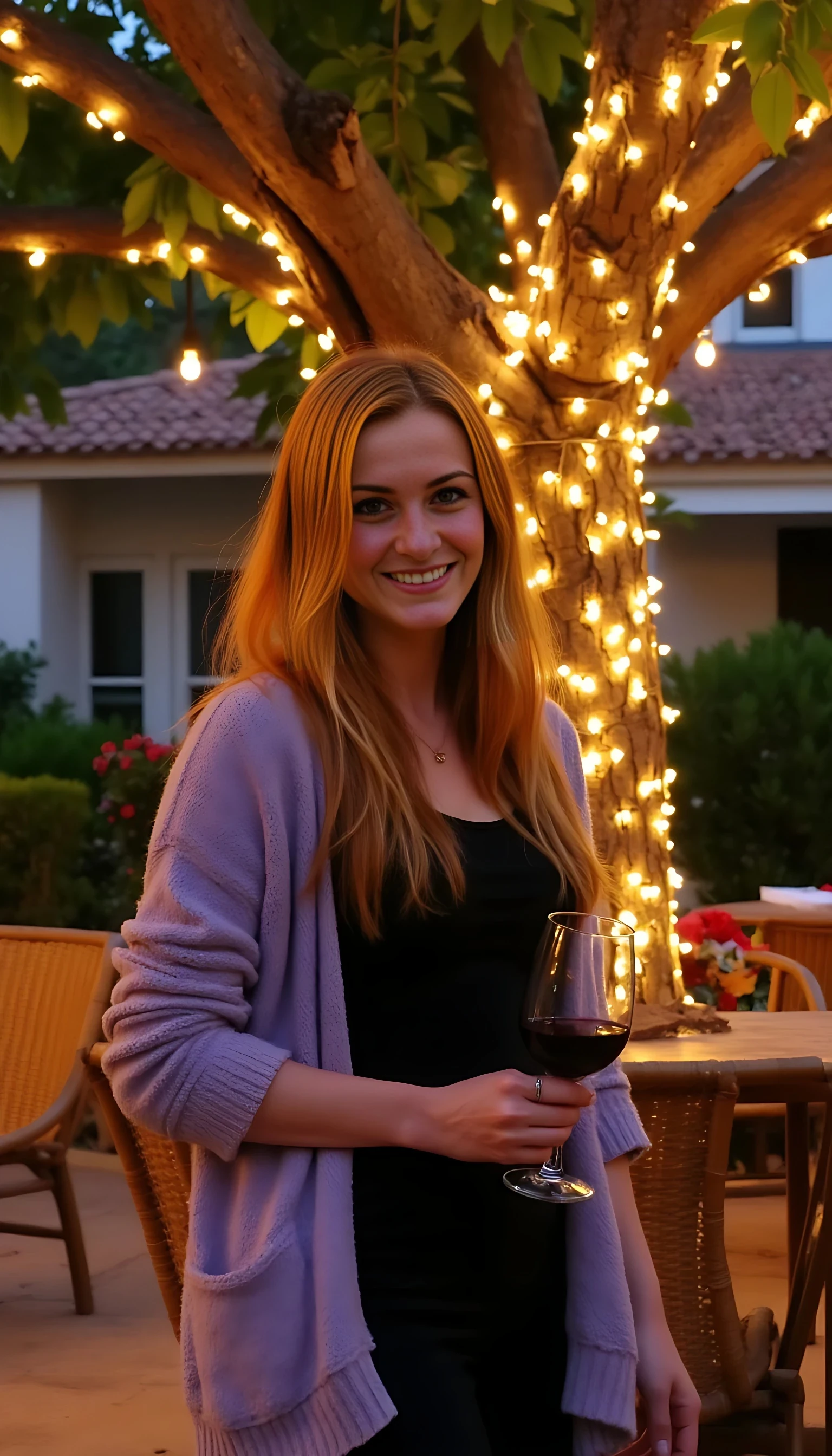 A full body shot photo of a woman standing outdoors at a cozy, warmly lit patio in the evening, with soft, glowing lights wrapped around a tree behind them creating a charming atmosphere. The image is rich in detail, with warm tones and clear textures throughout. The woman has fair skin, a slim build, and long reddish-blonde hair, also worn loose. She is smiling warmly at the camera, holding a glass of red wine in her right hand, and wears a soft-textured lavender cardigan over a black top. The background features a large tree with sparkling string lights wrapped around its trunk and branches, adding a magical touch to the scene. The setting suggests a private outdoor seating area, with elements like terracotta-tiled roofing, greenery, and rattan chairs contributing to a serene, inviting vibe. The overall composition is balanced, with the woman framed against the softly glowing tree, and the lighting enhances the warm, intimate feel of a quiet evening shared among friends. The details are vivid, with textures of clothing, skin, and background elements clearly visible, while the warm lighting creates a relaxed and joyful mood