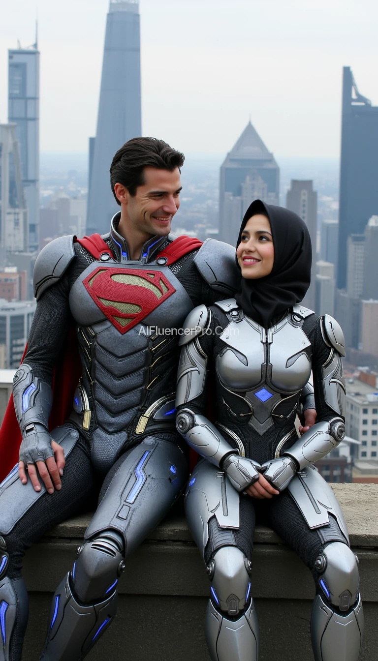 A photorealistic handsome man in the Superman's iconic suit combined with a futuristic robot style, with structured metal panels, visible mechanical wiring and blue LEDs that light up in some parts, he is sitting with a calm smile. Beside him is his girlfriend in the Supergirl's iconic suit which is also combined with a futuristic robot style, with structured metal panels, visible mechanical cables and blue LEDs that light up in some parts, as well as a hijab. They sat on top of the building. The background shows a futuristic cityscape with skyscrapers.