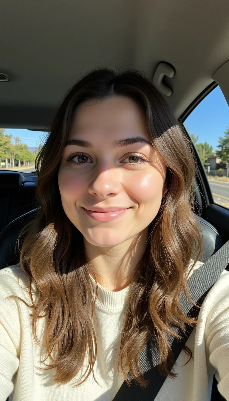 boring low quality snapchat photo circa 2015, A young woman cstmdl with a warm smile, sitting in the driver's seat of a cozy car. She has soft, wavy brown hair cascading past her shoulders. The sunlight streams through the window, casting a gentle glow on her face. The interior of the car is neat and comfortable. The background outside the window shows a scenic road lined with trees and blue skies