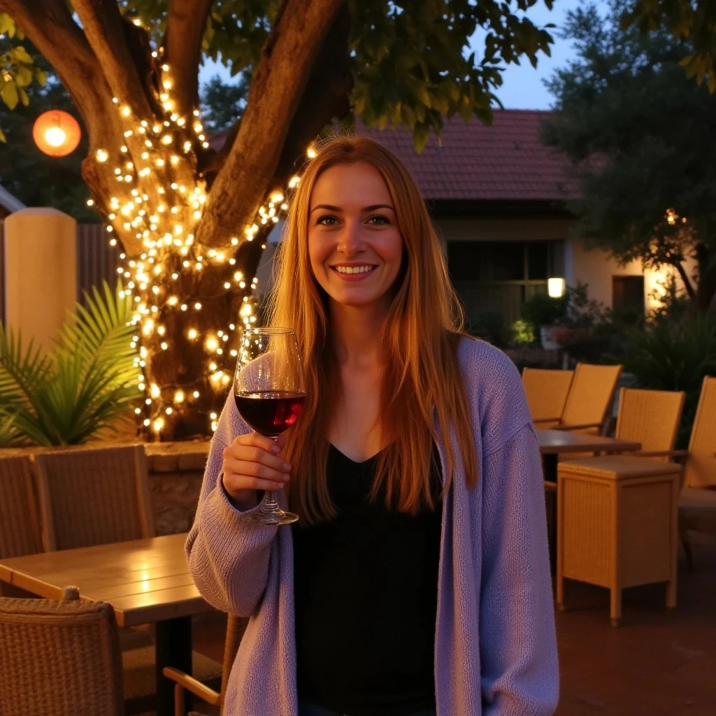 A full body shot photo of a woman standing outdoors at a cozy, warmly lit patio in the evening, with soft, glowing lights wrapped around a tree behind them creating a charming atmosphere. The image is rich in detail, with warm tones and clear textures throughout. The woman has fair skin, a slim build, and long reddish-blonde hair, also worn loose. She is smiling warmly at the camera, holding a glass of red wine in her right hand, and wears a soft-textured lavender cardigan over a black top. The background features a large tree with sparkling string lights wrapped around its trunk and branches, adding a magical touch to the scene. The setting suggests a private outdoor seating area, with elements like terracotta-tiled roofing, greenery, and rattan chairs contributing to a serene, inviting vibe. The overall composition is balanced, with the woman framed against the softly glowing tree, and the lighting enhances the warm, intimate feel of a quiet evening shared among friends. The details are vivid, with textures of clothing, skin, and background elements clearly visible, while the warm lighting creates a relaxed and joyful mood