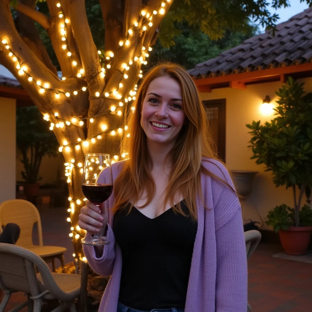 A full body shot photo of a woman standing outdoors at a cozy, warmly lit patio in the evening, with soft, glowing lights wrapped around a tree behind them creating a charming atmosphere. The image is rich in detail, with warm tones and clear textures throughout. The woman has fair skin, a slim build, and long reddish-blonde hair, also worn loose. She is smiling warmly at the camera, holding a glass of red wine in her right hand, and wears a soft-textured lavender cardigan over a black top. The background features a large tree with sparkling string lights wrapped around its trunk and branches, adding a magical touch to the scene. The setting suggests a private outdoor seating area, with elements like terracotta-tiled roofing, greenery, and rattan chairs contributing to a serene, inviting vibe. The overall composition is balanced, with the woman framed against the softly glowing tree, and the lighting enhances the warm, intimate feel of a quiet evening shared among friends. The details are vivid, with textures of clothing, skin, and background elements clearly visible, while the warm lighting creates a relaxed and joyful mood