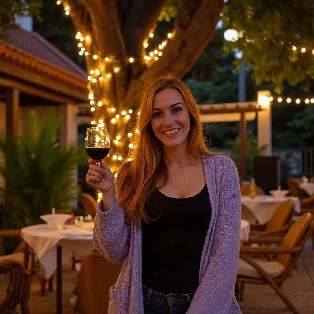 A full body shot photo of a woman standing outdoors at a cozy, warmly lit patio in the evening, with soft, glowing lights wrapped around a tree behind them creating a charming atmosphere. The image is rich in detail, with warm tones and clear textures throughout. The woman has fair skin, a slim build, and long reddish-blonde hair, also worn loose. She is smiling warmly at the camera, holding a glass of red wine in her right hand, and wears a soft-textured lavender cardigan over a black top. The background features a large tree with sparkling string lights wrapped around its trunk and branches, adding a magical touch to the scene. The setting suggests a private outdoor seating area, with elements like terracotta-tiled roofing, greenery, and rattan chairs contributing to a serene, inviting vibe. The overall composition is balanced, with the woman framed against the softly glowing tree, and the lighting enhances the warm, intimate feel of a quiet evening shared among friends. The details are vivid, with textures of clothing, skin, and background elements clearly visible, while the warm lighting creates a relaxed and joyful mood