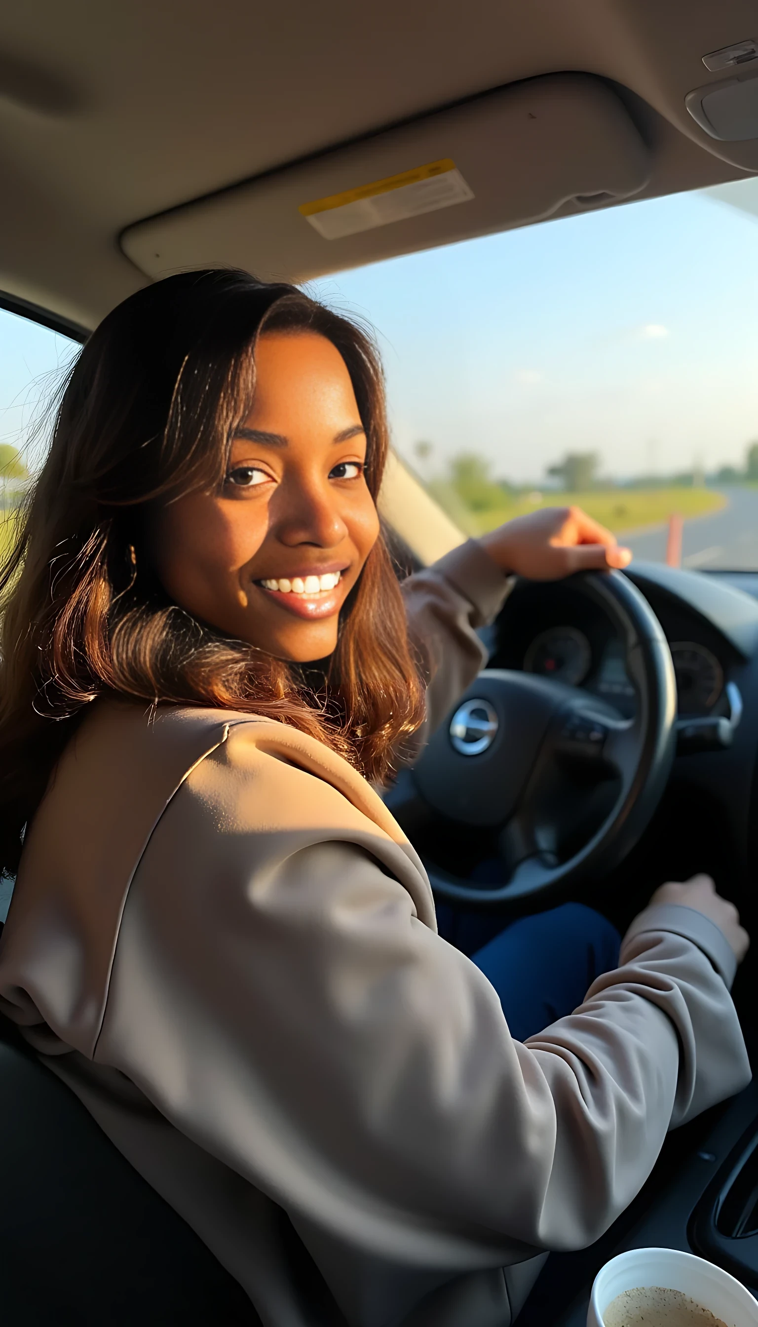 A young Kenyan woman with a warm smile, sitting in the driver's seat of a cozy car. She has soft, wavy brown hair cascading past her shoulders. The sunlight streams through the window, casting a gentle glow on her face. The interior of the car is neat and comfortable, with a coffee cup in the cup holder and a small plant on the dashboard. The background outside the window shows a scenic road lined with trees and blue skies