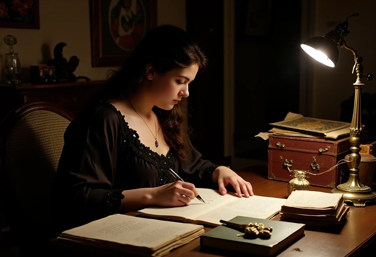 photo of woman CSTMDL, brunette, small pendant, no watch, no ring, hair tied, blue eyes, black night dress, working late night at her desk. The room is dark, the only light is a small art nouveau desk lamp.
She’s surrounded by a lot of old books and sheets of paper she worked on. Books are everywhere, they show Cambodian titles or English titles. She’s currently writing on a sheet with a beautiful vintage fountain pen.
She’s surrounded by her works in a beautiful art nouveau room with a Khmer piece of art in the background