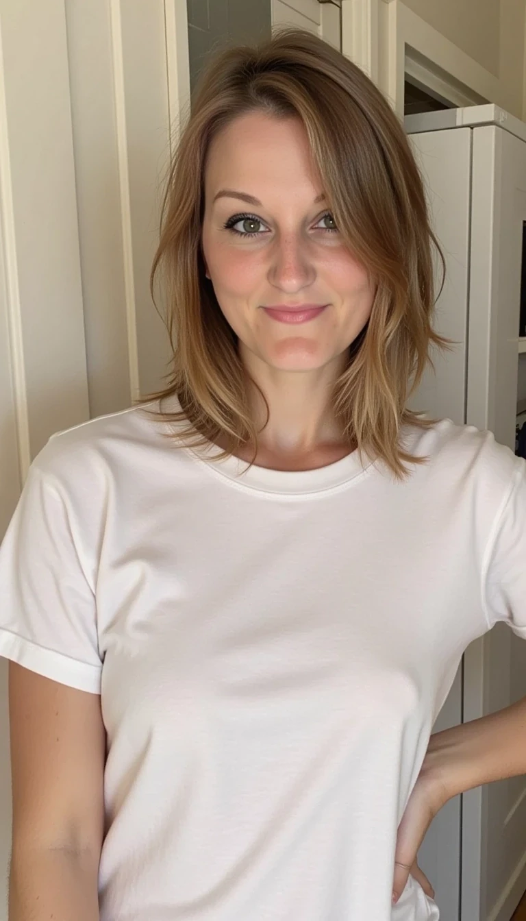 photo of woman CSTMDL, wearing a white plain T-shirt and nipples point through 