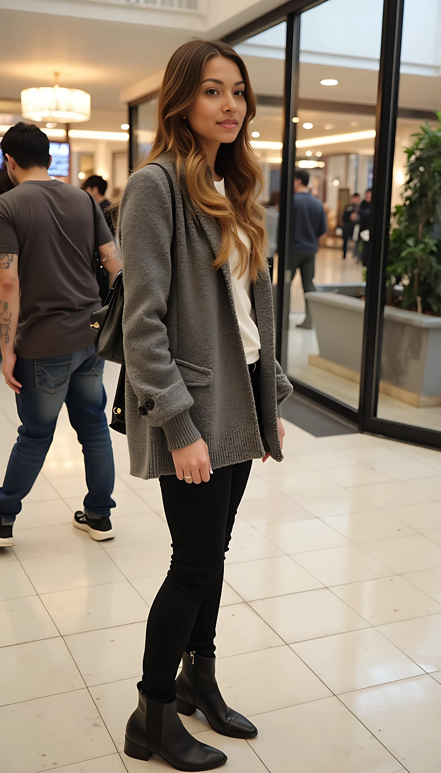 boring low quality snapchat photo circa 2015, average looking woman of CSTMDL full outfit, standing, soft light brown hair, mall background
