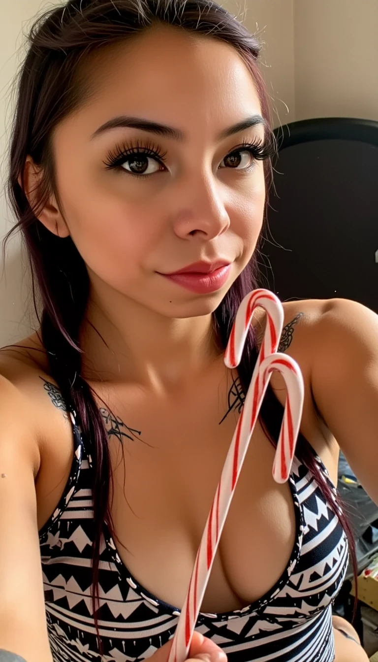 A selfie photo close up of CSTMDL a native American adult woman, she is posing seductively for the camera, she maintains intense eye contact with the camera at all times, she has native American style hair in two long braids, she is wearing a skin tight form fitting onesie with native American geometric patterns on it, she is holding a candycane that is two inches in girth, realistic,
