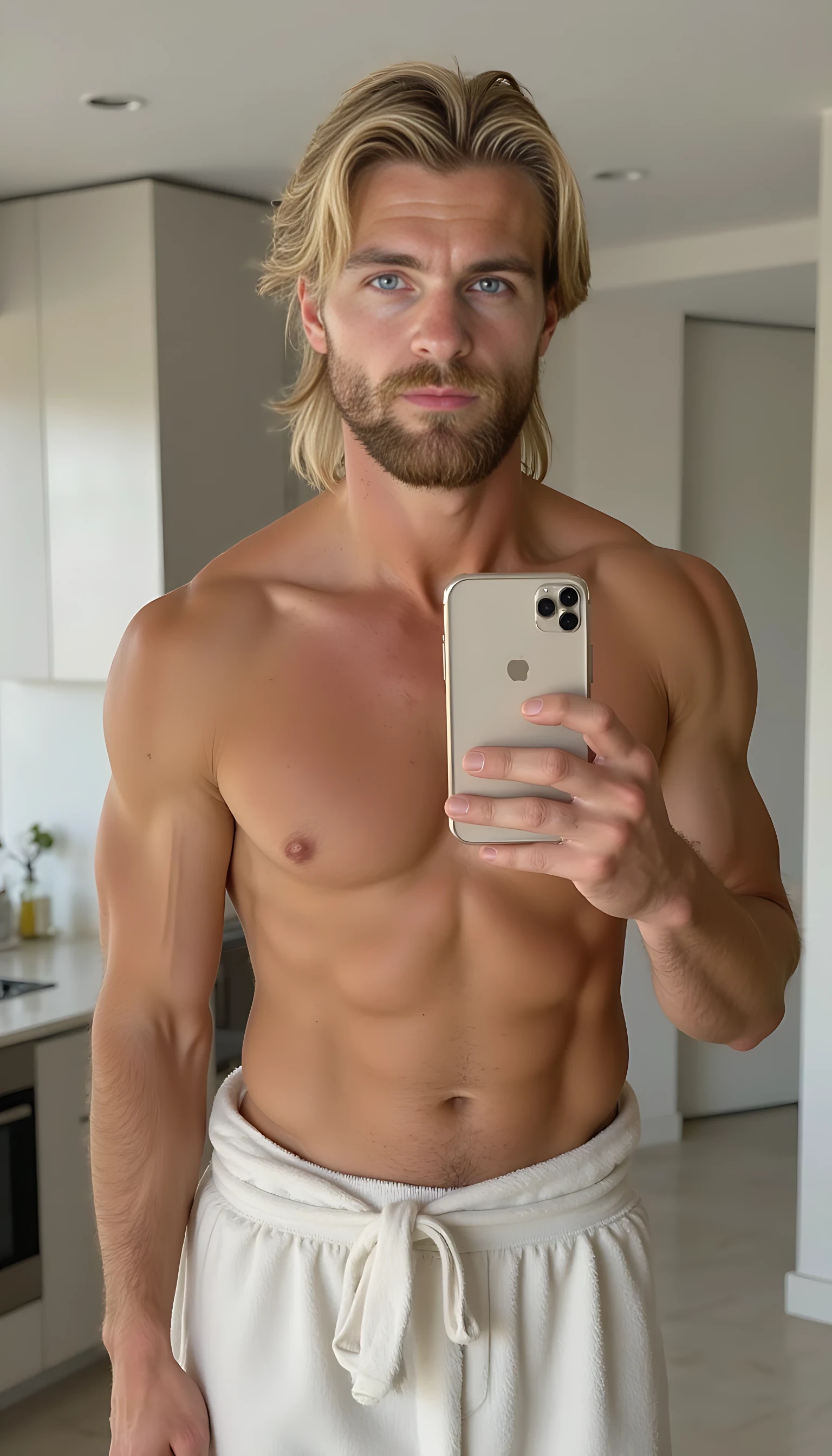 CSTMDL A photorealistic, full body shot well-proportioned young man taking a  selfie in a modern kitchen in luxurious house. He has long, slightly tousled blonde hair, bright blue eyes, and a neatly groomed beard and mustache. His facial structure is defined and symmetrical, with a square jawline, full lips, and high cheekbones. His skin is light and evenly toned, with no visible tattoos or scars. His physique is athletic and muscular with visible abdominal definition, broad shoulders, and strong arms — estimated height 6'0", chest 42", waist 30", hips 37". He is holding a phone confidently in his right hand and covering his lower body with a towel, posing with relaxed body language. 