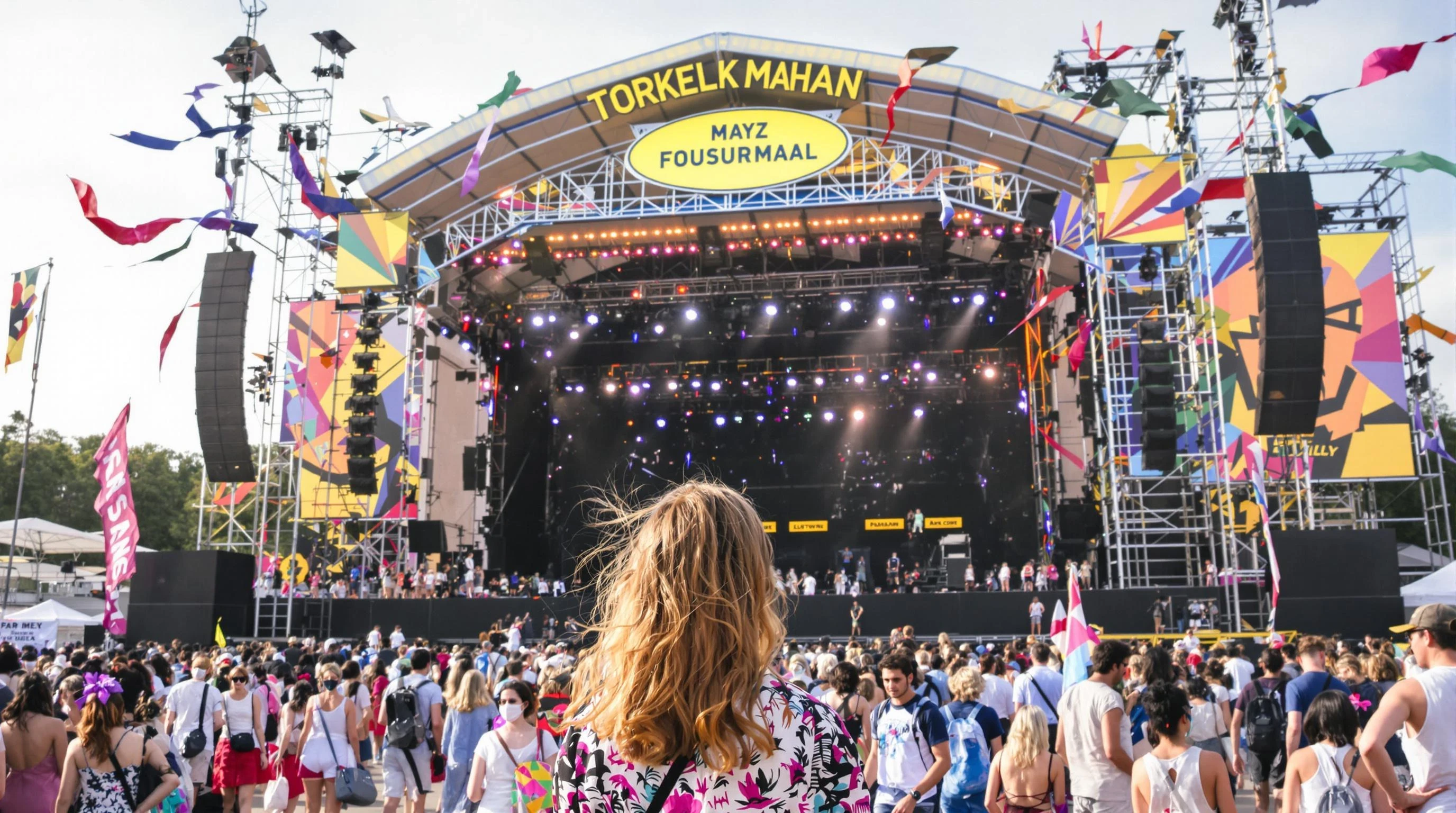 young women standing in front of a festival stage. looking to the stage. festival outfit. daylight. 