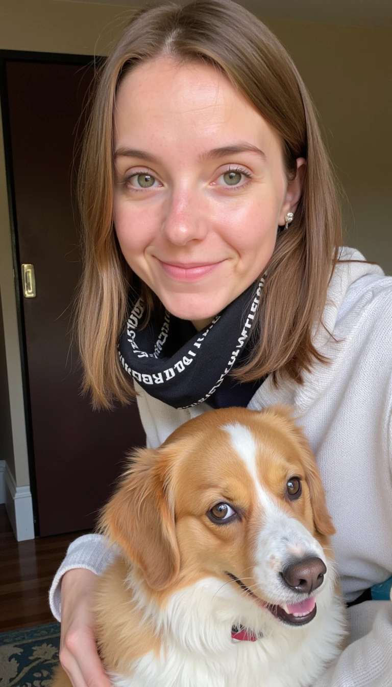 boring low quality snapchat photo circa 2015, finance girl, girl next door, half Dutch half British, light brown hair, with a dog