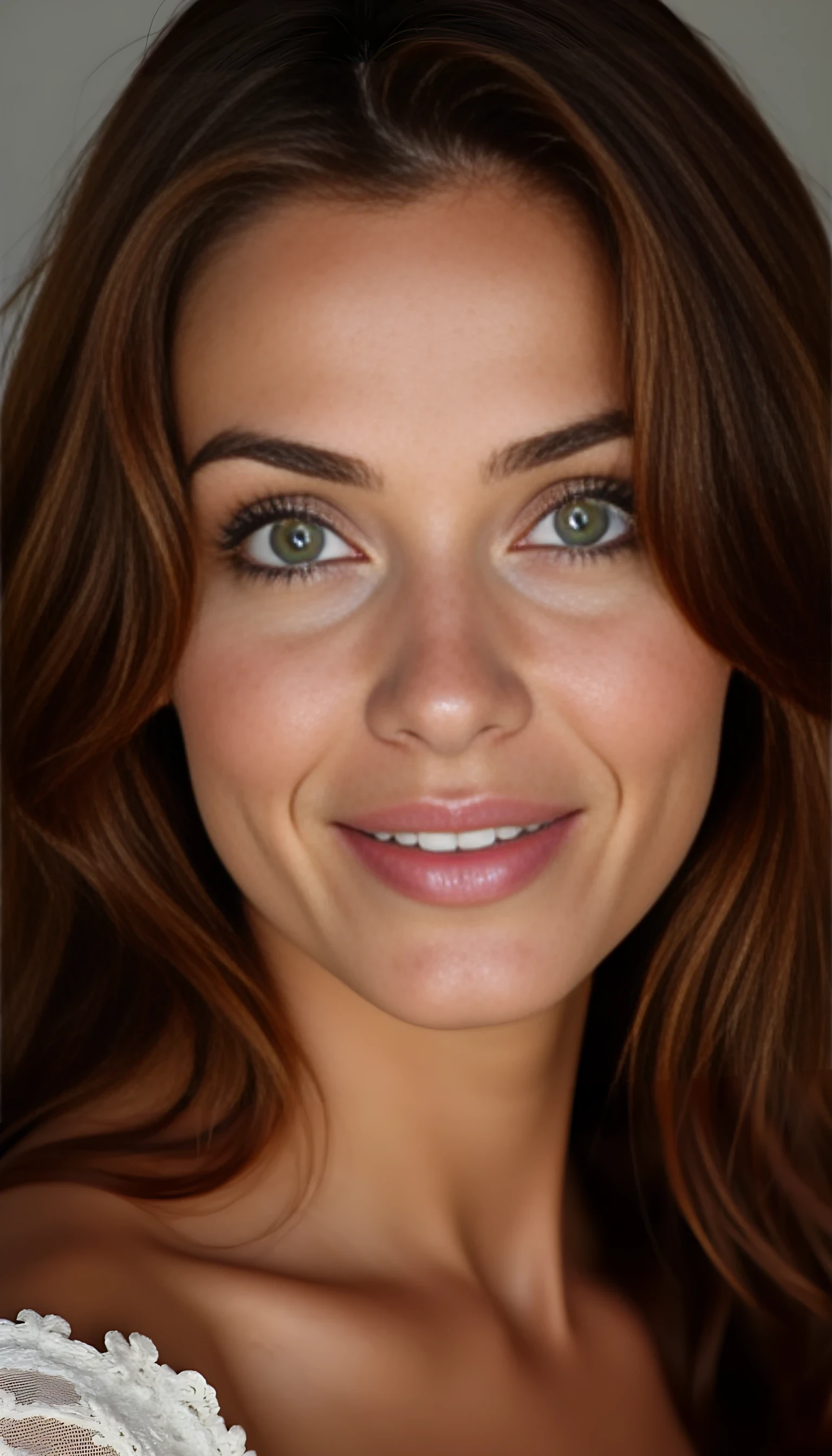 A portrait photo of a beautiful 42 years old model, mixed ethnicity of half white American half Brazilian, with dark auburn hair, piercing emerald eyes, ultra detailed eyes with sharp iris reflections, slight smile, studio-quality, extremely realistic HD and lightining