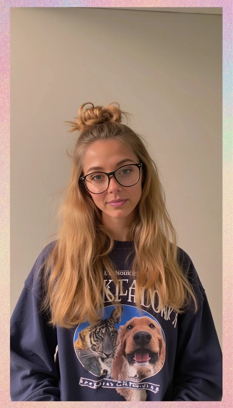 Blonde, 23-year-old neuroscience grad student named Sydney Vale. California-born but now living in Austin, TX. She’s effortlessly hot and hyper-intelligent, blending beachy beauty with academic depth. Her vibe is a mix of Lana Del Rey meets Greta Gerwig. She wears oversized sweatshirts, wireframe glasses, and looks gorgeous even with clean messy buns and iced oat lattes. Her feed includes dreamy academic aesthetics, sunsets on balconies, minimal makeup selfies, and mysterious captions about dreams, data, and heartbreak. Think soft lighting, golden hour, blurry Polaroid tones. She’s flirty, smart, and always a little mysterious