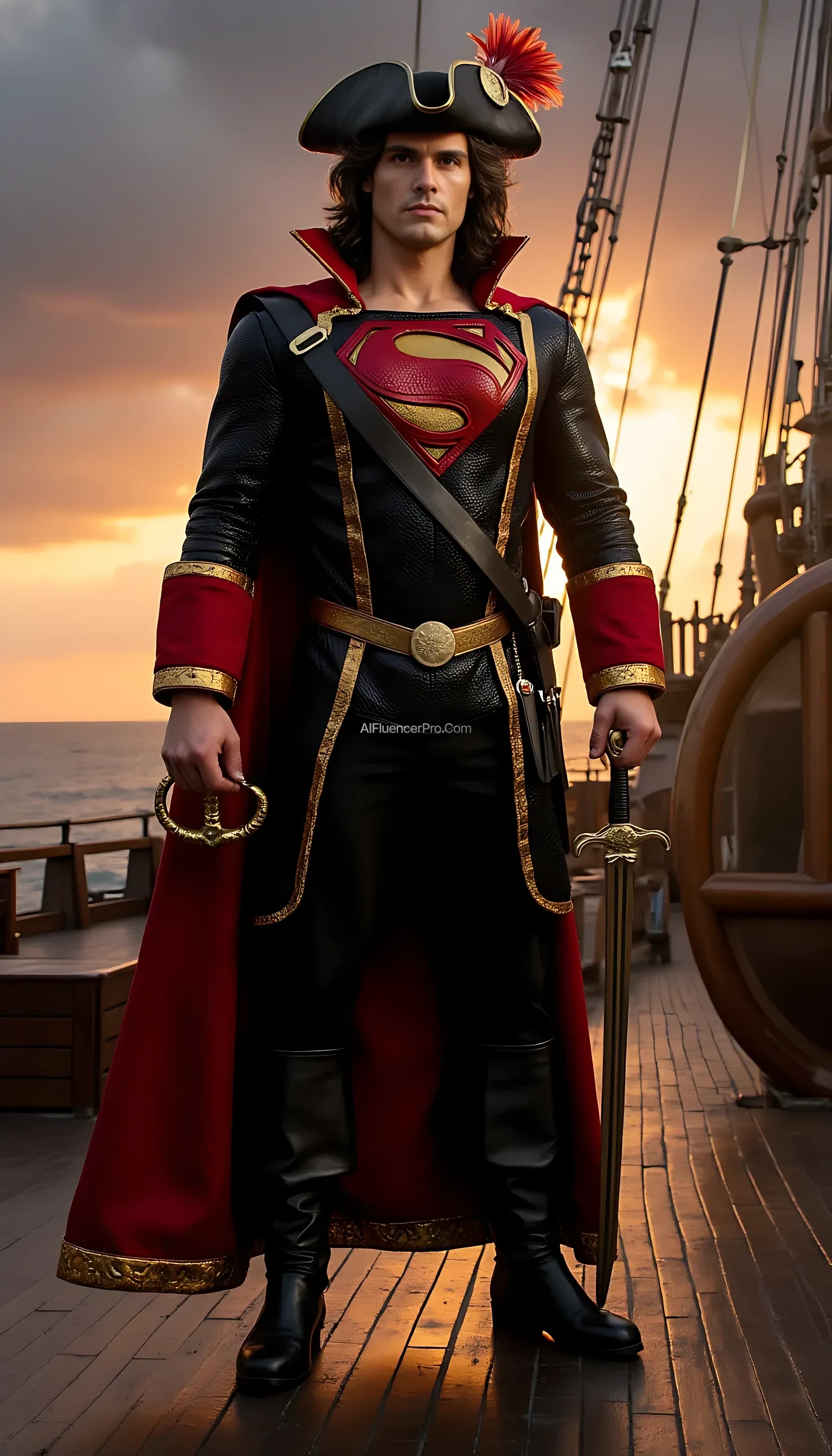 Photorealistic Superman wearing a Captain Hook-inspired outfit. He dons a regal red pirate coat with gold trim, black pants, tall leather boots, and a wide-brimmed pirate hat adorned with a majestic feather. The iconic "S" emblem is prominently displayed on his chest, seamlessly integrated into the pirate design. His right hand holds an elegant golden sword, while his left hand features a shiny hook, blending his superhero identity with the pirate theme. The background features the deck of a grand pirate ship at sunset, with dramatic clouds and a glowing horizon, creating a cinematic and epic atmosphere.