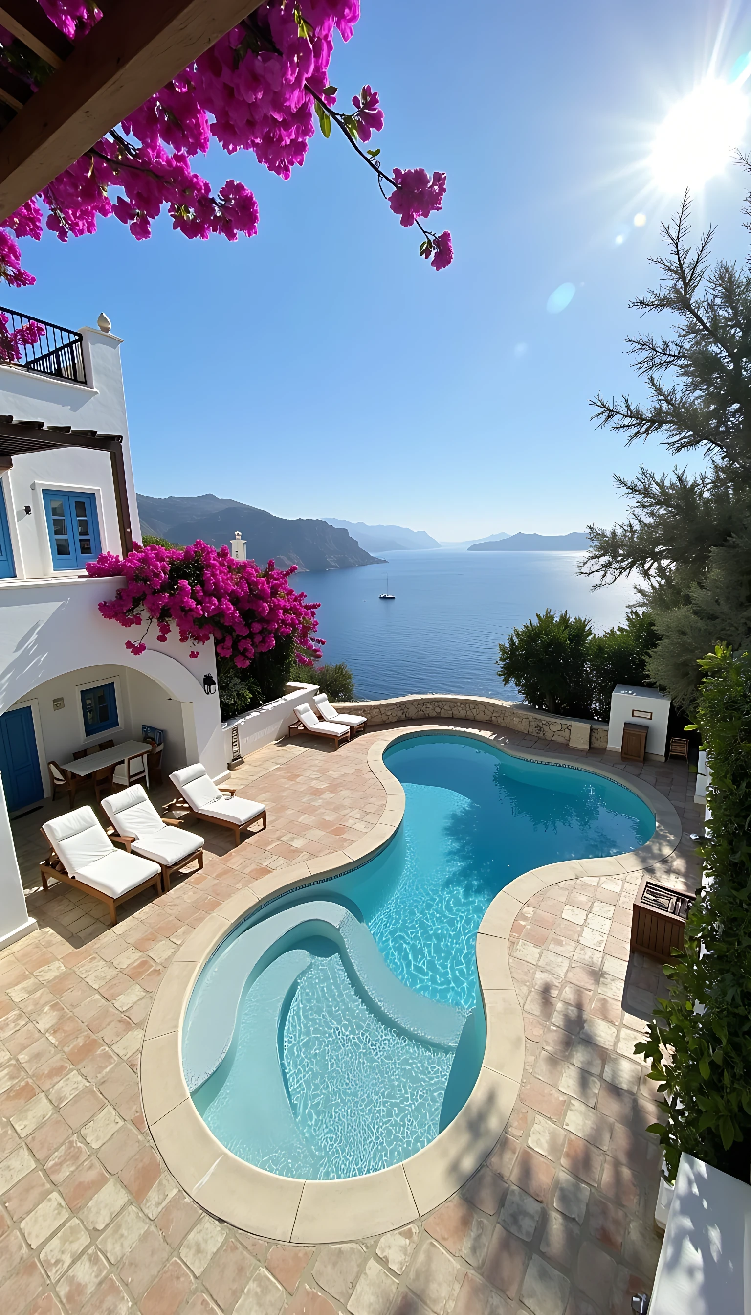 Ultra-realistic 8K photograph of a stunning Mediterranean cliffside Airbnb villa, perched above the sparkling azure sea. Whitewashed stone walls and blue shutters reflect the sun, while cascading bougainvillea in vibrant pink and purple drape over terraces. An infinity pool seems to spill directly into the horizon, framed by a travertine deck with plush sun loungers and shaded pergolas. Inside, airy open rooms feature arched doorways, exposed wooden beams, and terracotta tile floors, blending rustic charm with modern elegance. The coastline curves dramatically in the distance, dotted with sailboats, as the late-afternoon sun bathes everything in warm golden light.
