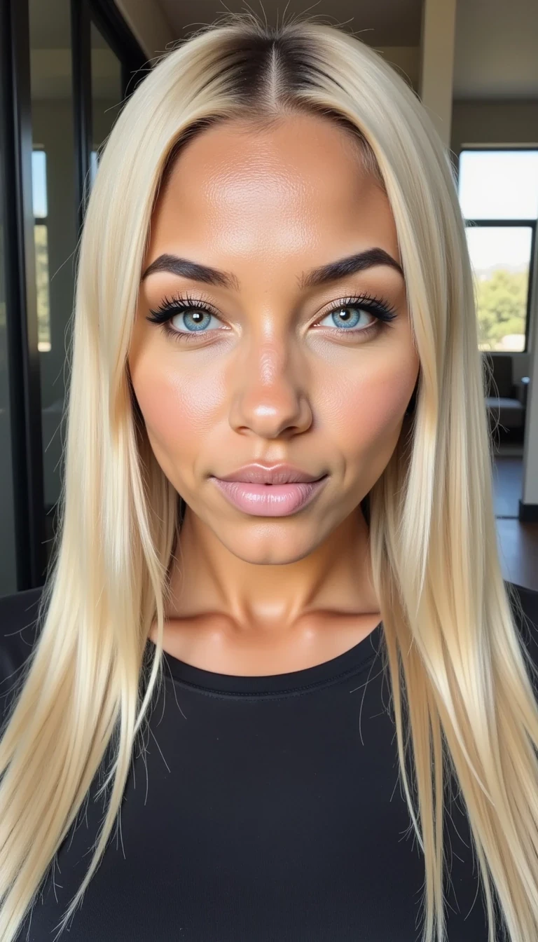 Close-up portrait of a fictional young woman with an oval face shape, slim elongated jawline, sharp contours. Head turned slightly to the side in a three-quarter view. Icy blonde straight hair, very long, sleek and shiny, parted cleanly in the middle, falling over shoulders. Baby-blue almond-shaped eyes, piercing and intense, framed by bold eyeliner and long lashes. Dark well-groomed brows with a sharp arch, enhancing a fierce look. Straight narrow nose with a defined bridge. Full lips, plump and symmetrical, with a matte nude tone, slightly pursed in a confident expression. High cheekbones and clear, flawless skin with a cool undertone, smooth texture, subtle contour. Expression: cold, strong, intimidating, confident, almost defiant. High-resolution, hyper-realistic skin, professional beauty retouch, cinematic daylight with crisp contrast.