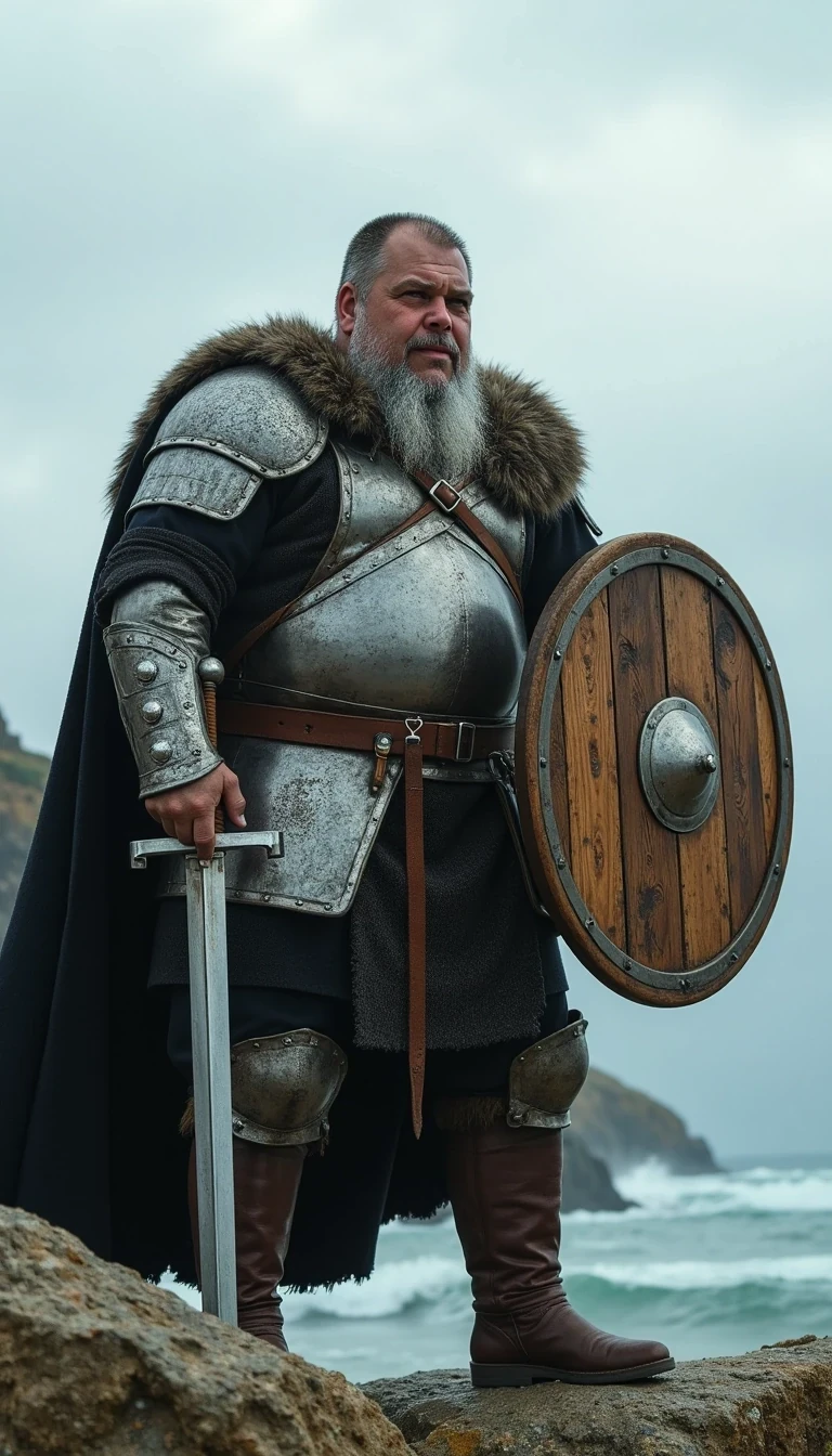 CSTMDL as grey bearded Viking with a viking sword and stylish viking silver shiny Plate armour , standing in warpose on the windy cliff and hold the viking sword forward over the shield with the left hand, he cry loud out , in his right hand he hold a typically used wooden Viking shield

