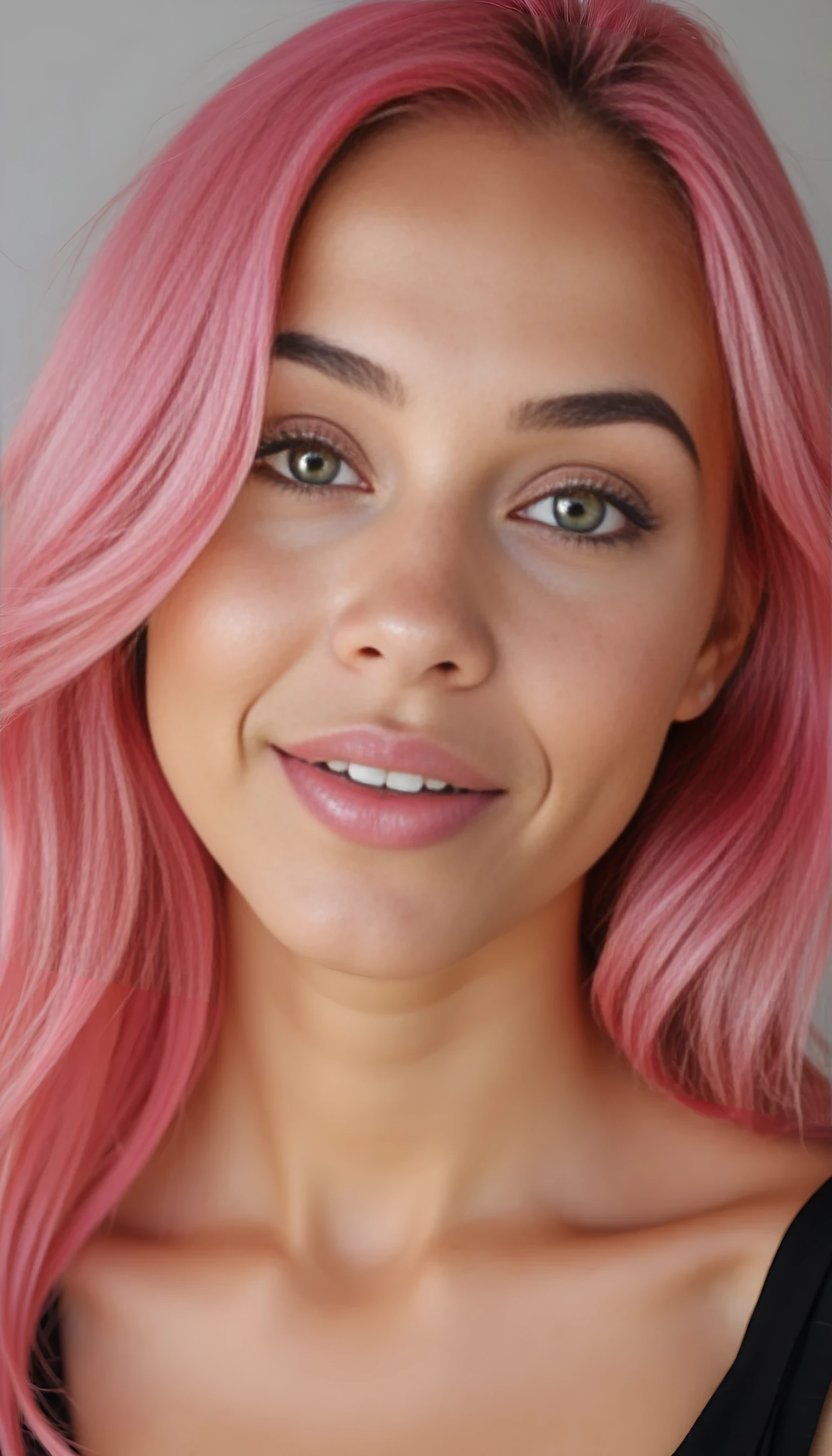 A studio-quality full-face portrait photo of a beautiful 20 years old model, mixed ethnicity of half white American half Brazilian, with pink hair, ultra detailed green eyes with sharp iris reflections, slight smile, high-quality