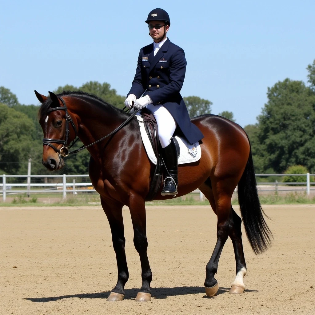 Do a picture of me as a Young Fit and Slim Alex on a horse dressed in formal dressage  gear and riding boots, make it look realistic also , ensure there are no trees in the background, please utilise the exact same image attached but just remove the trees and have blue sky please 