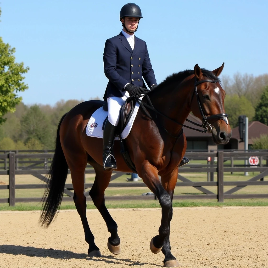 Do a picture of me as a Young Fit and Slim Alex on a horse dressed in formal dressage  gear and riding boots, make it look realistic also , ensure there are no trees in the background, please utilise the exact same image attached but just remove the trees and have blue sky please 