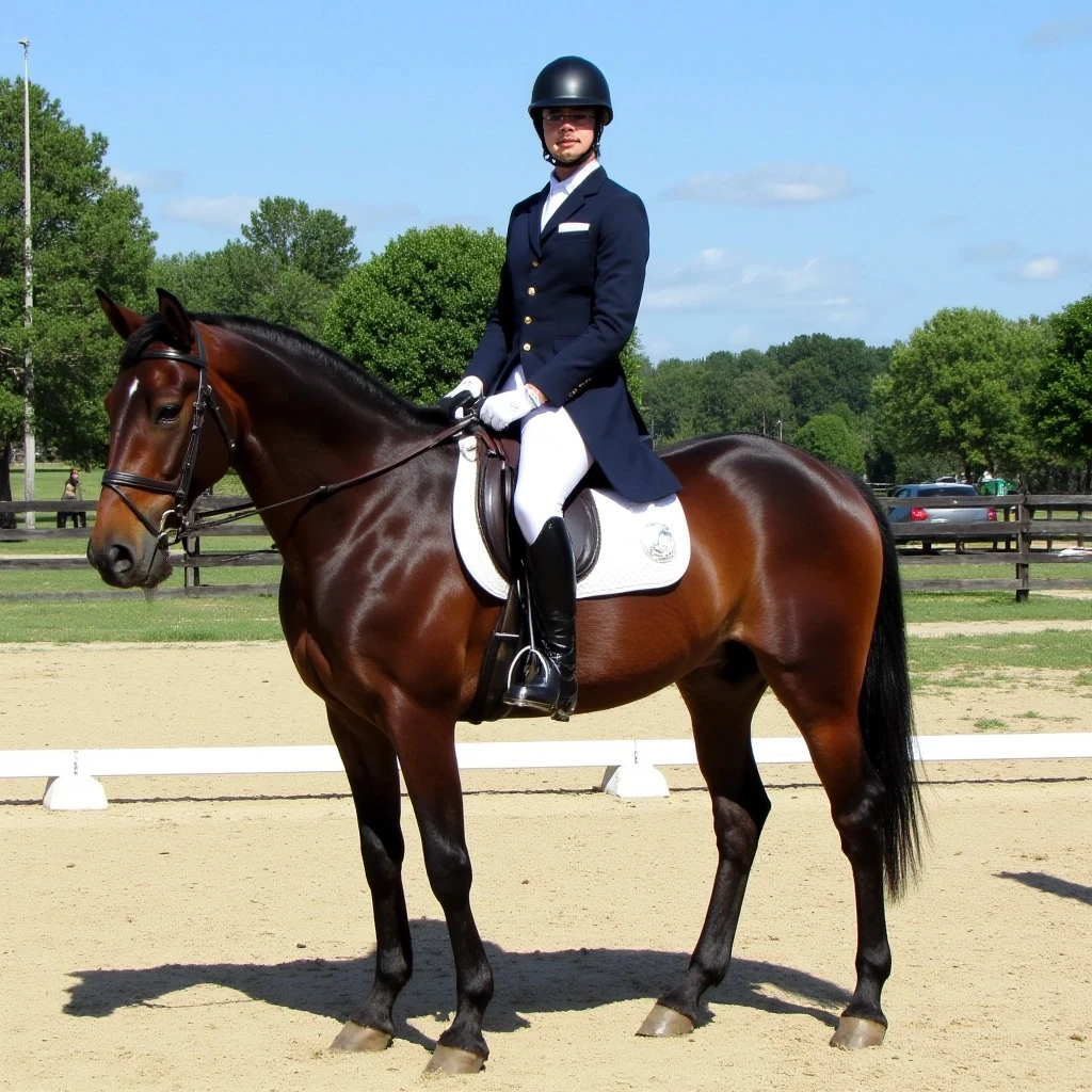 Do a picture of me as a Young Fit and Slim Alex on a horse dressed in formal dressage  gear and riding boots, make it look realistic also , ensure there are no trees in the background, please utilise the exact same image attached but just remove the trees and have blue sky please 