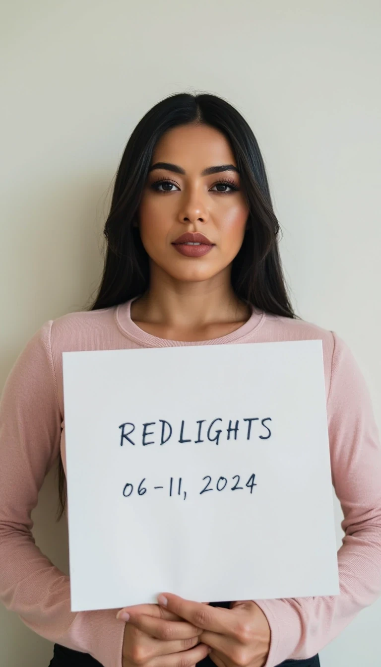 photo of woman CSTMDL, woman holds a sign with handwritten text. She is wearing long sleeves and has neutral makeup. The sign reads "REDLIGHTS" followed by "06/11/2024" in a simple script. The background is a plain, light-colored wall, providing a minimalist and uncluttered setting.