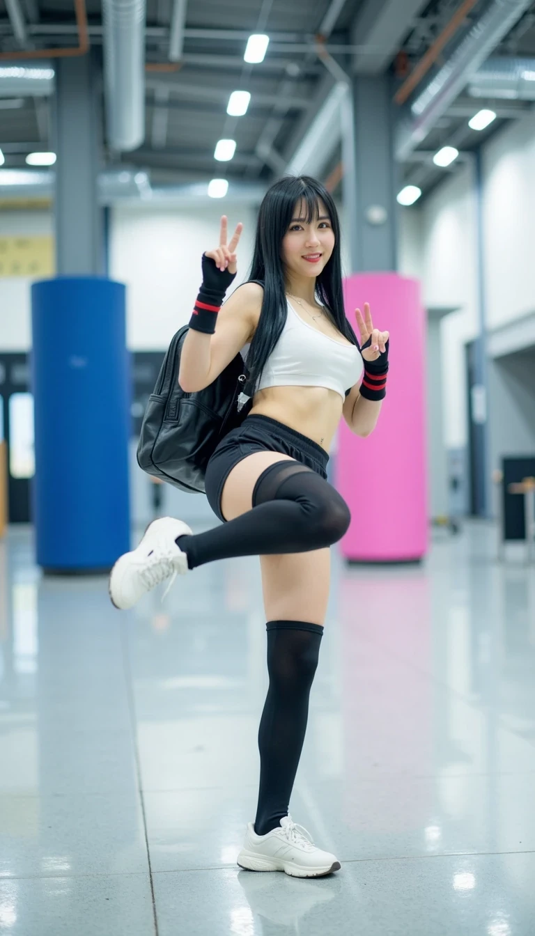 This photograph captures a young woman performing a high kick in a modern, well-lit indoor space, possibly a gym or convention hall. She has long, straight black hair with bangs, and is wearing a cosplay outfit inspired by Final Fantasy VII's character, Tifa Lockhart. The costume includes a white sports bra, black shorts, black thigh-high socks, and white sneakers. Her outfit is accessorized with black fingerless gloves and red wristbands, and she carries a black backpack slung over her shoulders.

Her skin is fair, and she has a slender, toned physique with large breasts. She is smiling and making a peace sign with her right hand, adding a playful and energetic vibe to her pose. Her left leg is extended high, showcasing her flexibility and agility.

The background features a clean, modern interior with a high ceiling and recessed lighting, providing a bright, even illumination. There are two large cylindrical pillars, one in blue and the other in pink, which likely serve as support structures or decor. The floor is a polished, light gray surface that reflects the surroundings. The overall ambiance is modern and sleek, emphasizing the clean lines and bright, open space.