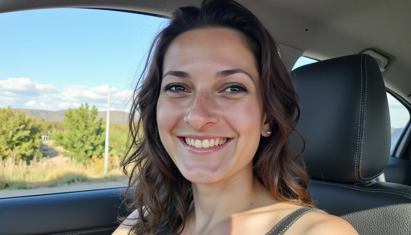 boring low quality snapchat photo circa 2020, A young woman with a warm smile, sitting in the driver's seat of a cozy car. She has soft, wavy brown hair cascading past her shoulders. The sunlight streams through the window, casting a gentle glow on her face, showing one puffy tit. The background outside the window shows a scenic road lined with trees and blue skies