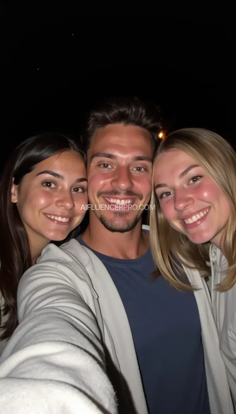 A night-time selfie featuring three smiling individuals against a dark background, illuminated by a light source from behind them. The first person on the left has long dark hair and is wearing a light-colored hoodie. The central figure, a man, has short hair and is wearing a blue shirt. The person on the right has long light hair and is also dressed in a light-colored hoodie. The expressions convey happiness and camaraderie.