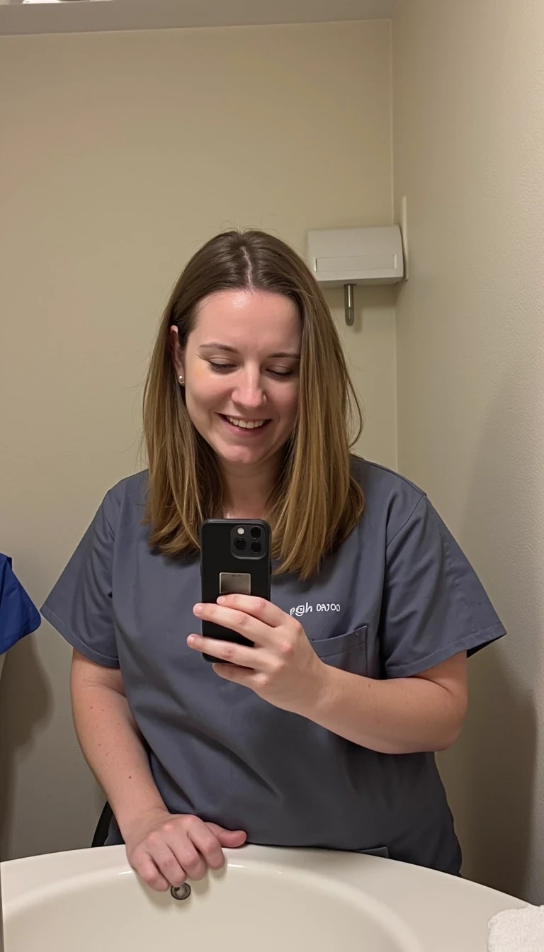 iphone 15 mirror selfie of 30s woman CSTMDL with long sandy brown hair in single person public bathroom. She is wearing blue scrubs. Her shirt is pulled up. her breasts are visible. The iPhone is black