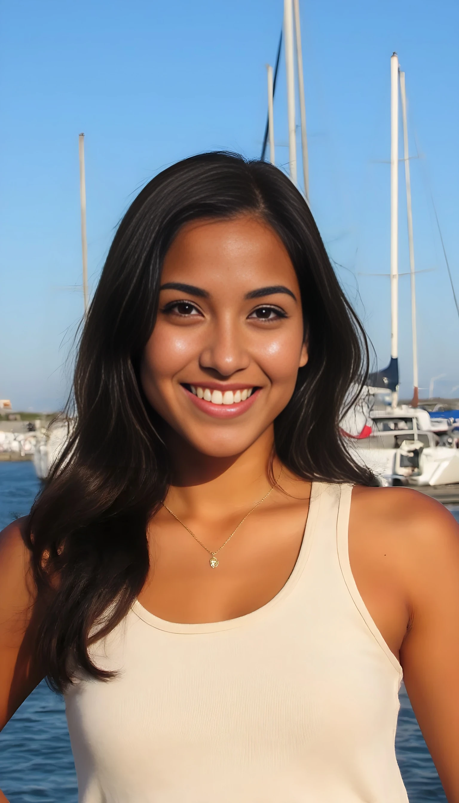 The image is a color photograph featuring a young woman with a warm, radiant smile. She has long, wavy dark brown hair cascading over her shoulders, with a few strands framing her face. Her skin has a warm, medium brown tone, indicative of a mixed ethnicity background. She is wearing a light beige, sleeveless tank top that has a slightly loose fit, adding a casual, laid-back vibe to her appearance. Around her neck, she wears a delicate gold necklace with a small, intricate pendant. The background reveals a serene marina setting with several sailboats anchored and their masts towering above. The sky is clear and blue, suggesting a bright, sunny day. The photograph captures the natural beauty of the woman, emphasizing her youthful and vibrant personality, set against the tranquil backdrop of the marina, creating a harmonious and inviting scene.