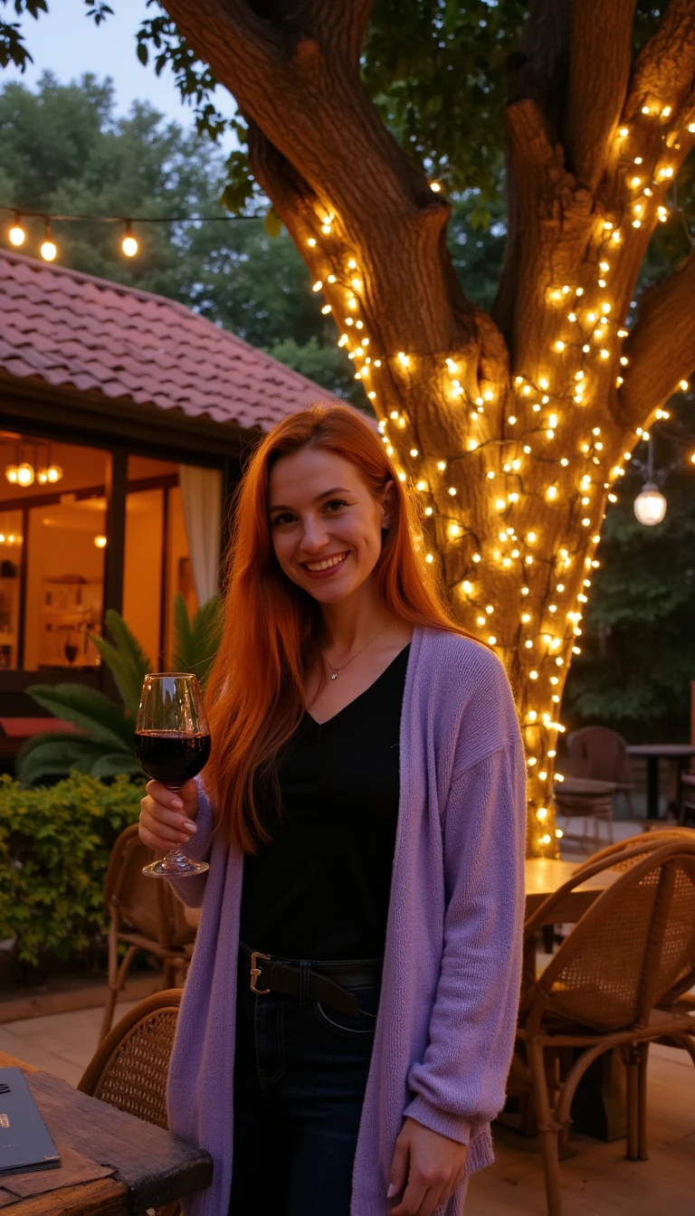 A full body shot photo of a woman standing outdoors at a cozy, warmly lit patio in the evening, with soft, glowing lights wrapped around a tree behind them creating a charming atmosphere. The image is rich in detail, with warm tones and clear textures throughout. The woman has fair skin, a slim build, and long reddish-blonde hair, also worn loose. She is smiling warmly at the camera, holding a glass of red wine in her right hand, and wears a soft-textured lavender cardigan over a black top. The background features a large tree with sparkling string lights wrapped around its trunk and branches, adding a magical touch to the scene. The setting suggests a private outdoor seating area, with elements like terracotta-tiled roofing, greenery, and rattan chairs contributing to a serene, inviting vibe. The overall composition is balanced, with the woman framed against the softly glowing tree, and the lighting enhances the warm, intimate feel of a quiet evening shared among friends. The details are vivid, with textures of clothing, skin, and background elements clearly visible, while the warm lighting creates a relaxed and joyful mood