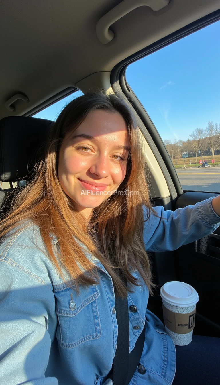 boring low quality snapchat photo circa 2015, A young woman with a warm smile, sitting in the driver's seat of a cozy car. She has soft, wavy brown hair cascading past her shoulders. The sunlight streams through the window, casting a gentle glow on her face. The interior of the car is neat and comfortable, with a coffee cup in the cup holder and a small plant on the dashboard. The background outside the window shows a scenic road lined with trees and blue skies