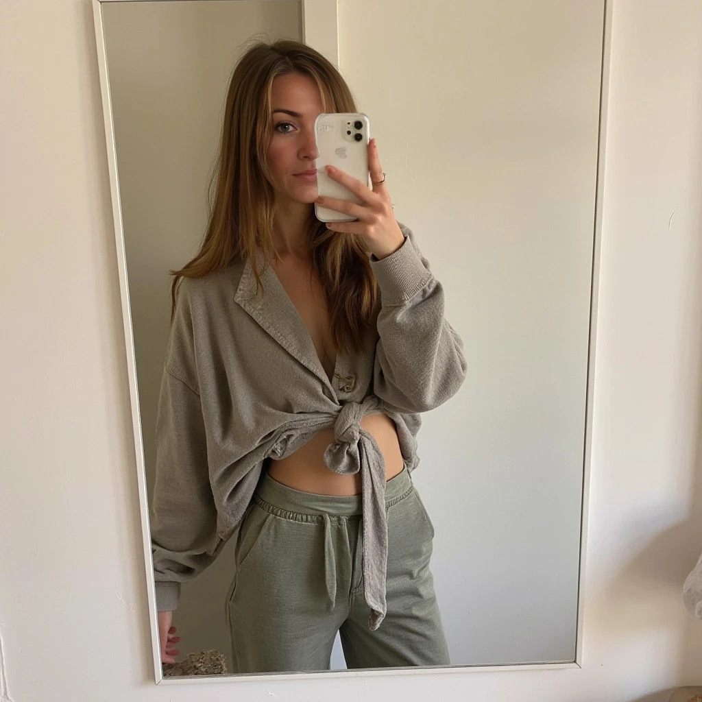   snapchat photo in mirror, white iPhone 16, fit body, cute woman, soft light brown hair, comfortable clothes. 