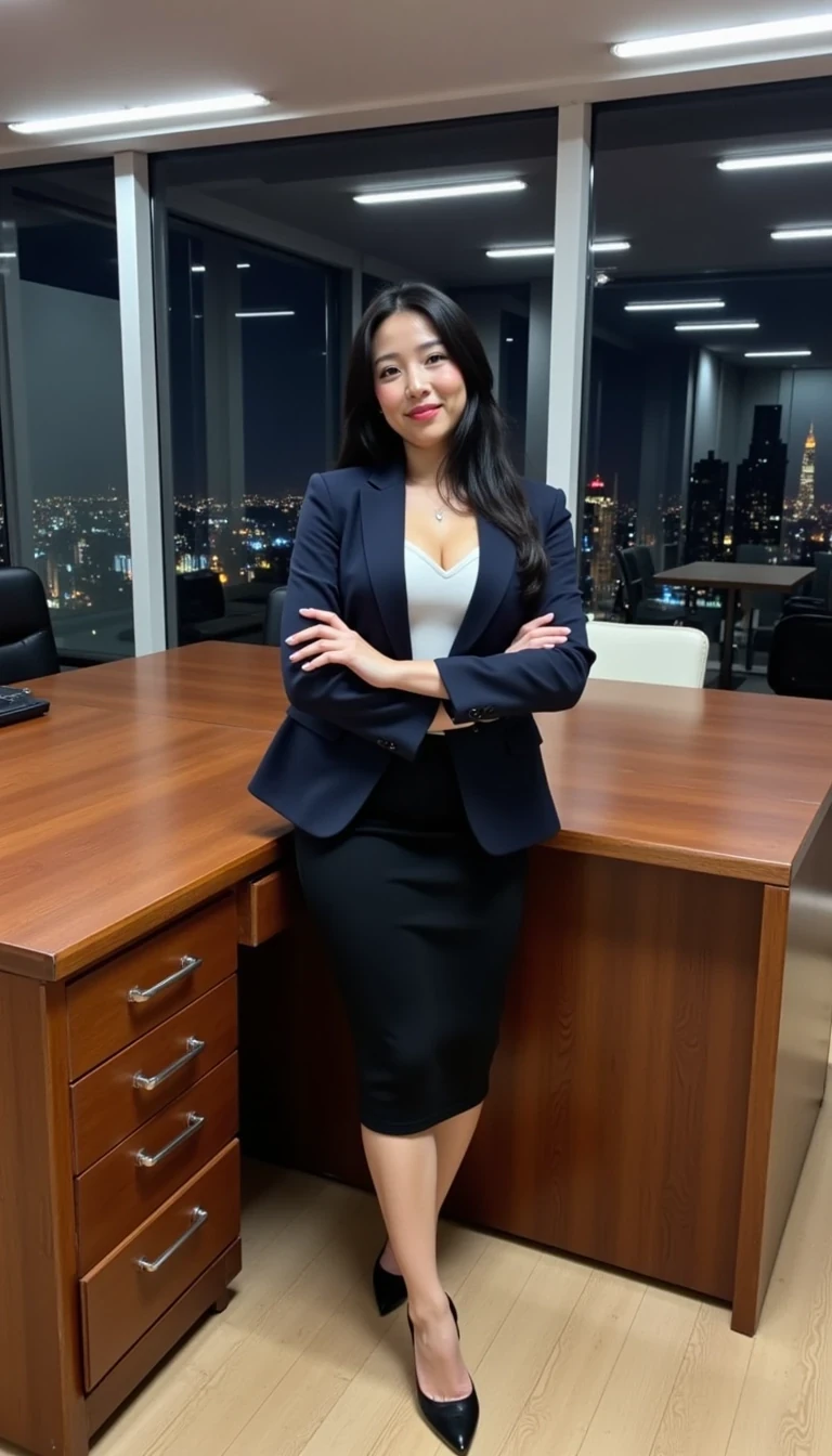 This is a high-resolution photo of Amy dressed in a sleek, dark navy blazer over a white silk blouse, paired with a tight black pencil skirt. Her long black hair is styled into a smooth, professional ponytail. She wears red lipstick and black stilettos. Amy stands beside a large wooden desk in a glass-walled office, city lights twinkling outside. Her arms are crossed, her posture confident and in control. The lighting is cool and professional, with overhead fluorescents casting soft shadows.