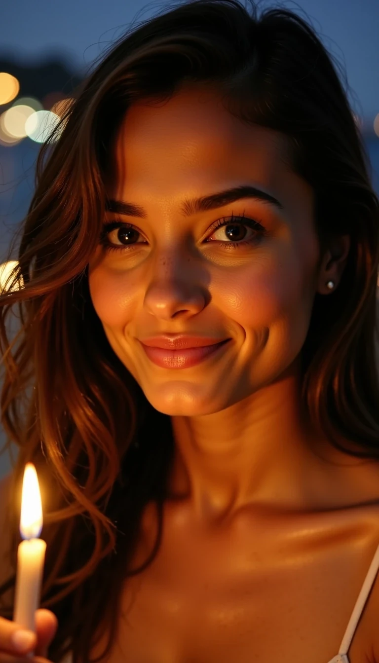 CSTMLD ultra-realistic close-up portrait of Luna smiling directly at the camera.
Her face glows softly in the candlelight; her emerald-brown eyes reflect the gold of the night.
Her hair moves slightly in the wind, lips curved into a bright, magnetic smile.
Background: blurred city lights, deep blue night tones, golden bokeh.
Lighting: candle flicker, warm gold tones, soft contrast.
Mood: playful mystery, allure, confidence.
Style: cinematic close-up, 85 mm f/1.4, shallow DOF, 8K fashion gloss.