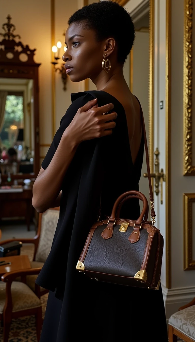 Louis Vuitton Petite Malle
Shot on Sony A1, 90mm macro, ISO 200, 1/160 sec. Model in black evening wear holding signature trunk bag. Profile shot emphasizing jawline and collar bones. Environment: Parisian apartment, antique mirrors creating multiple reflections. Light olive brown skin perfectly balanced against bag's metallic hardware. Lighting: Soft key light through 4x6 silk + mirror reflections as fill.
 CSTMDL