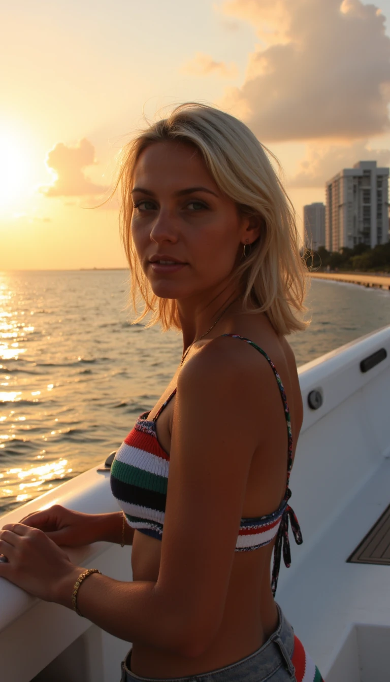 generate a realistic photo of a blonde woman on a yacht with the background being miami during a sunset