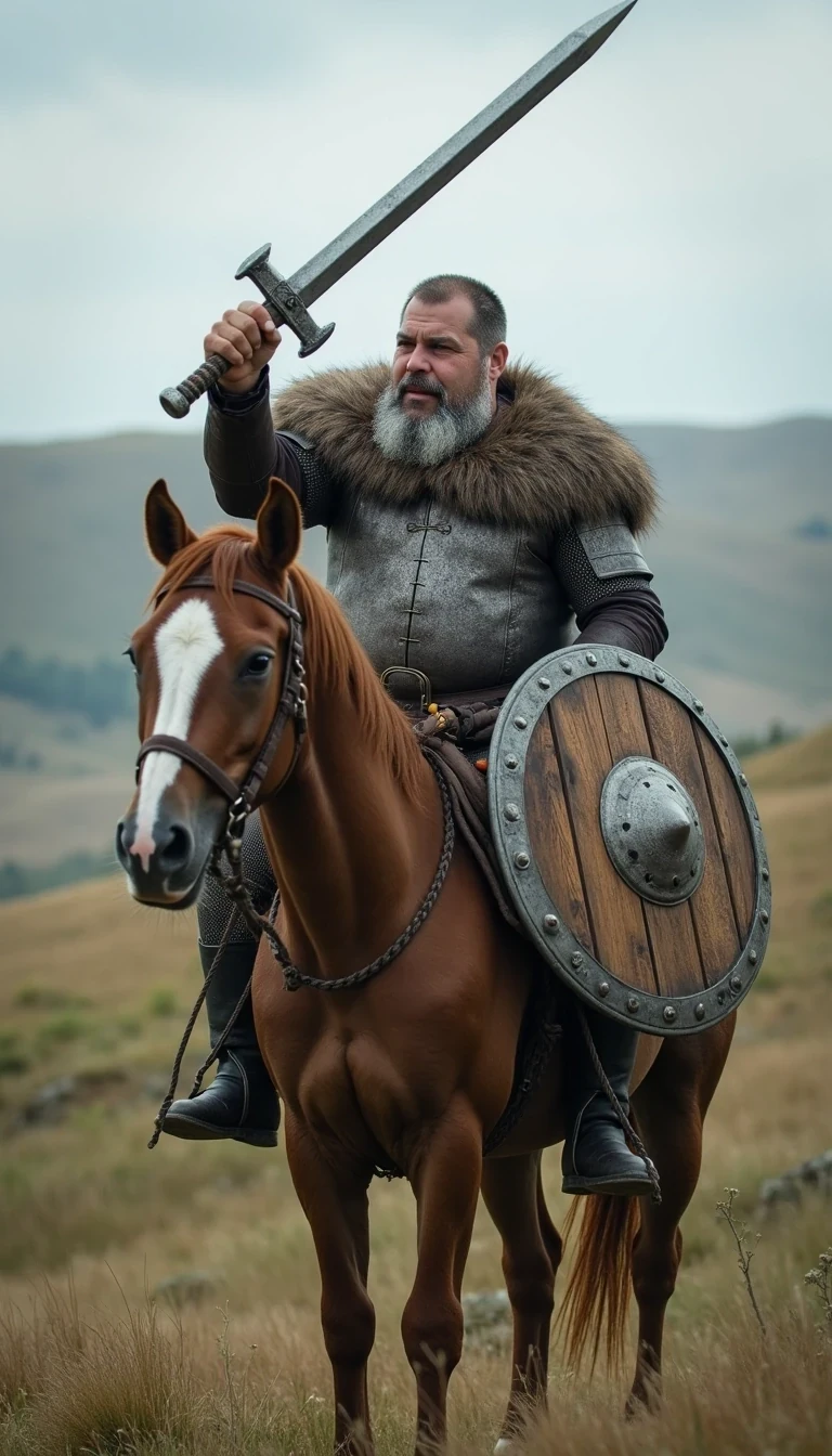 CSTMDL as grey bearded Viking with a viking sword and stylish viking silver shiny Plate armour sitting on a brown horse with white bless on the nose on the grassi hill and hold the viking sword high over the head with the left hand, he cry loud out , in his right hand he hold a typically used wooden Viking shield
