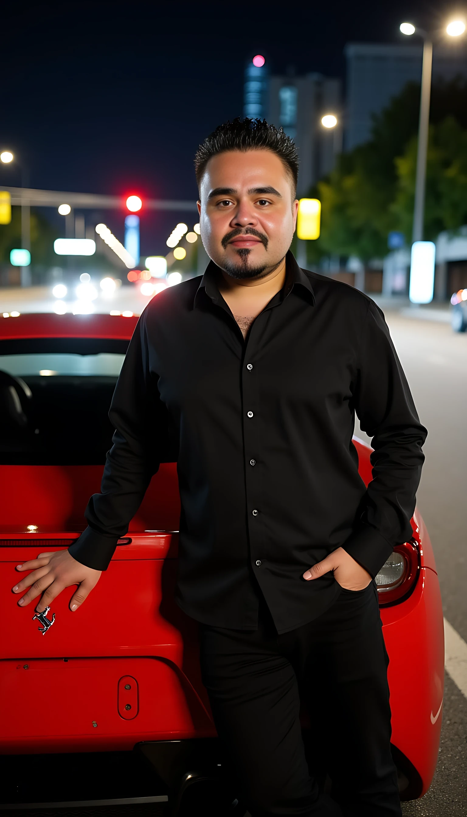 full man average body  wearing a  black dress shirt posing on a Ferrari car in a city night light background 
