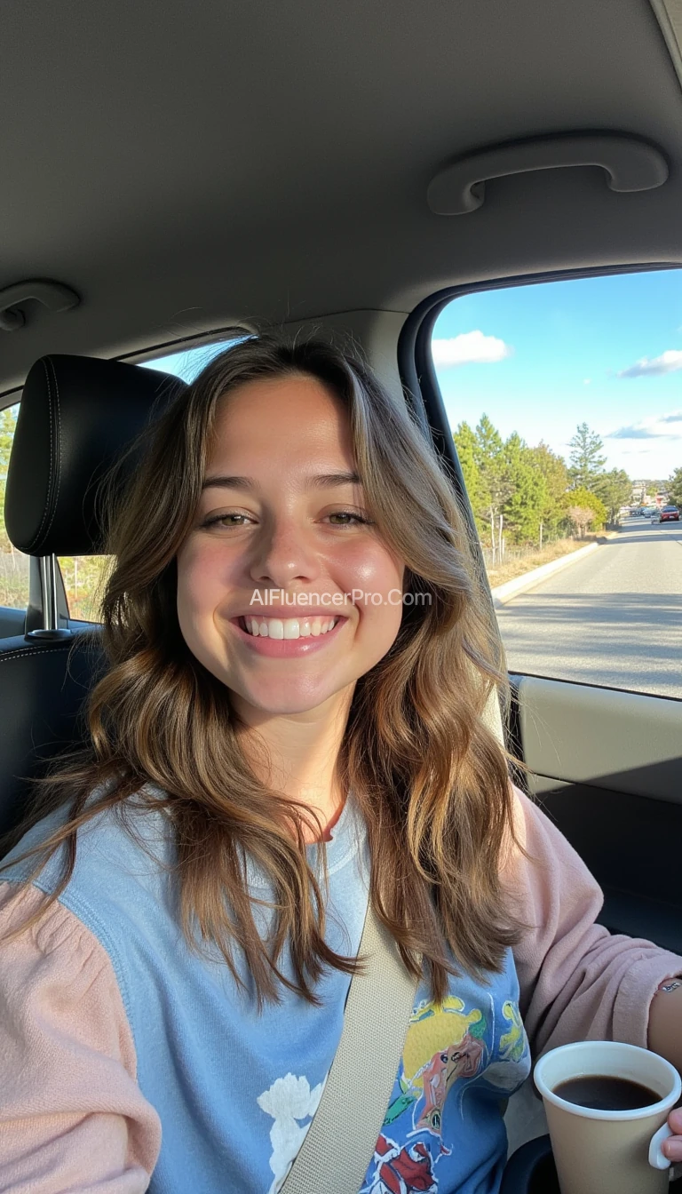 boring low quality snapchat photo circa 2015, A young woman with a warm smile, sitting in the driver's seat of a cozy car. She has soft, wavy brown hair cascading past her shoulders. The sunlight streams through the window, casting a gentle glow on her face. The interior of the car is neat and comfortable, with a coffee cup in the cup holder and a small plant on the dashboard. The background outside the window shows a scenic road lined with trees and blue skies